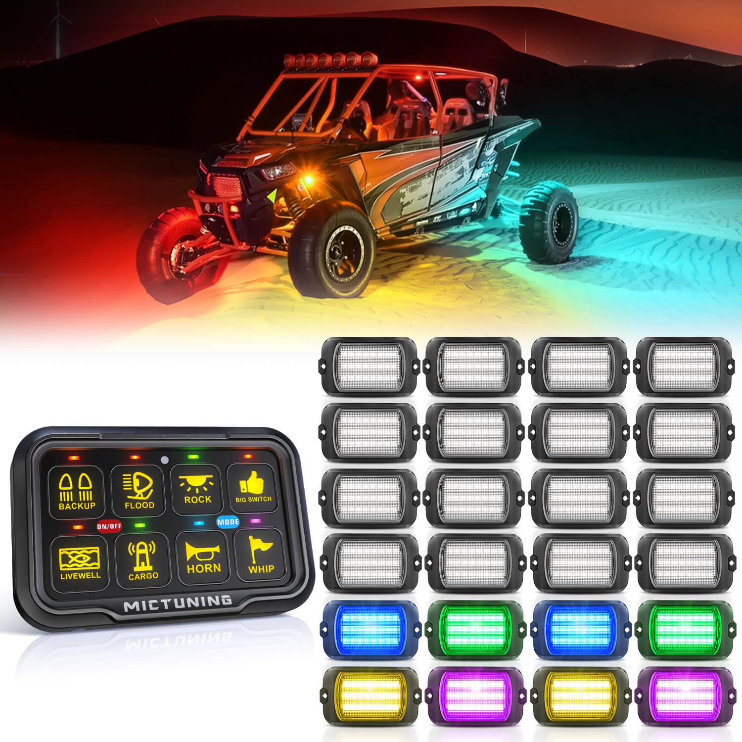 Q1 Max RGB+IC Rock Lights 8-24 Pods Bundle with P8-Ultra 6/8 Gang Switch Panel, Larger & Tactile Switches