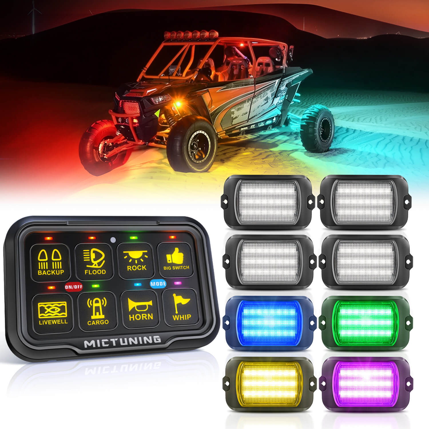 Q1 Max RGB+IC Rock Lights 8-24 Pods Bundle with P8-Ultra 6/8 Gang Switch Panel, Larger & Tactile Switches