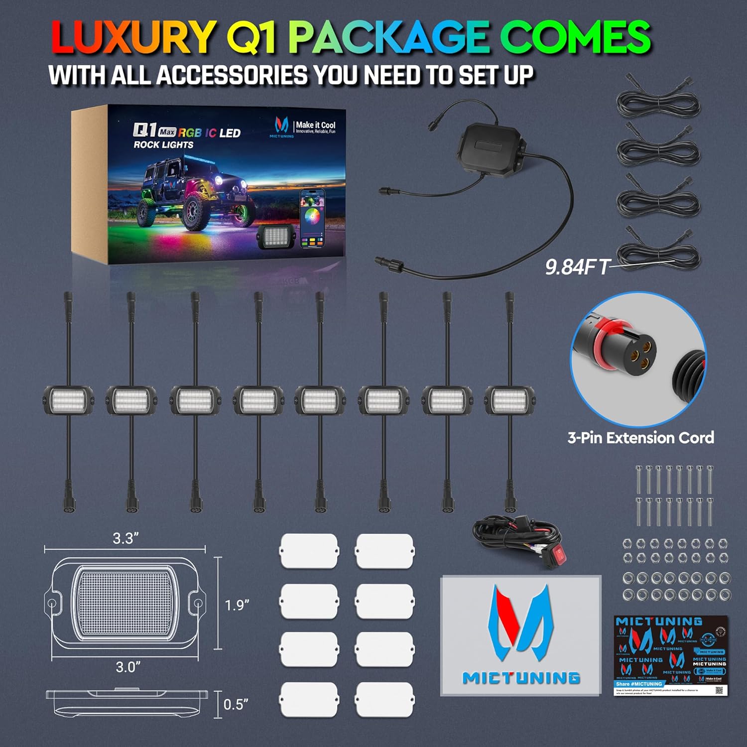 Q1 Max RGB+IC Rock Lights 8-24 Pods Bundle with 3FT/4FT W1 LED Whip Lights with 10pcs Flag