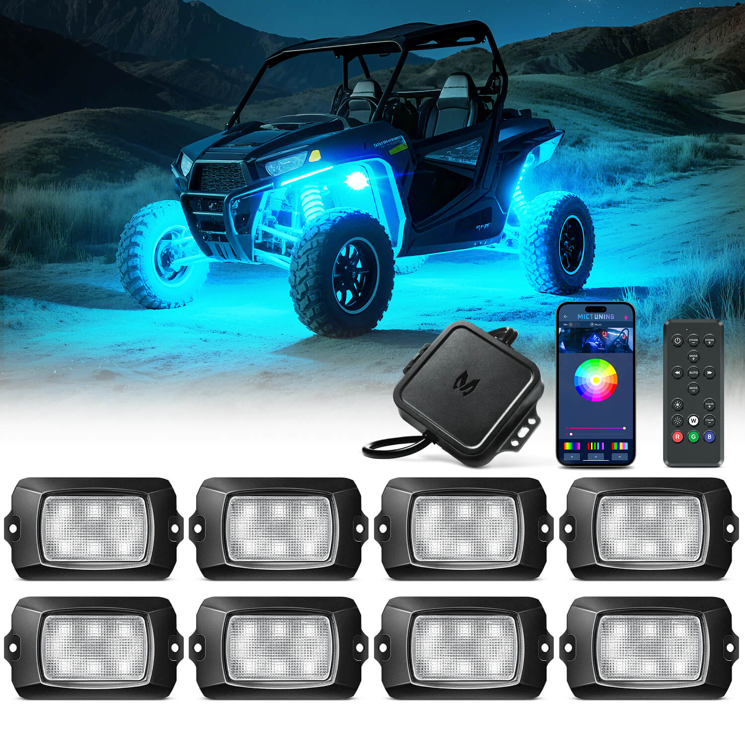 MICTUNING Q1 RGBW LED Rock Lights, APP+Remote Control Pure Color 4