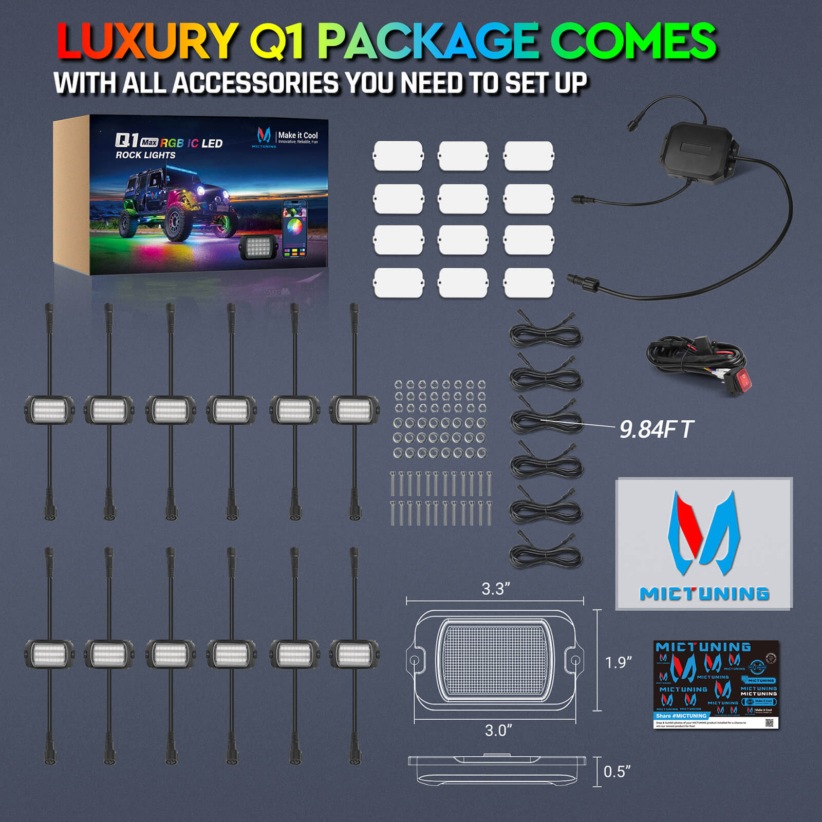 P1Y RGB Switch Panel with Remote Control Bundle with Q1 Max RGB+IC Rock Lights Kit 24LEDs/Pod Super Bright, 8-24 Pods