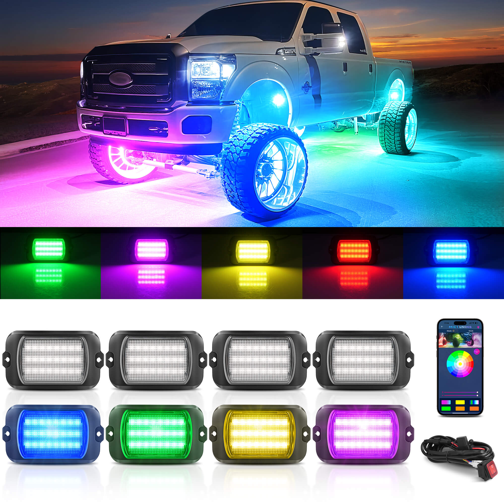 Q1 Max RGB+IC Rock Lights 8-24 Pods Bundle with 3FT/4FT W1 LED Whip Lights with 10pcs Flag