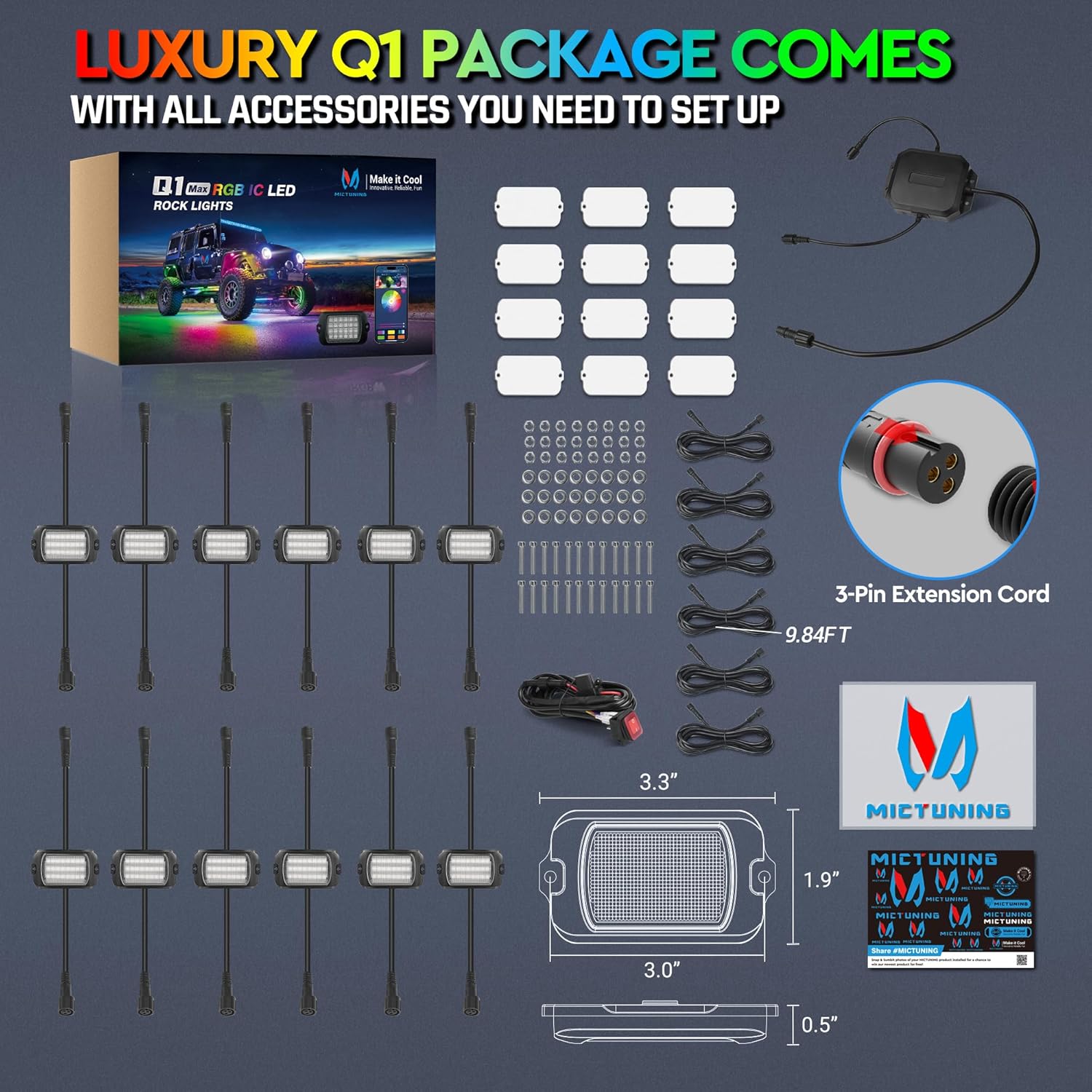 Newest Q1 Max RGB+IC Rock Lights Chasing Dream Color, 8-24 Pods, 24LEDs/Pod Super Bright, APP Control, IP68 Waterproof