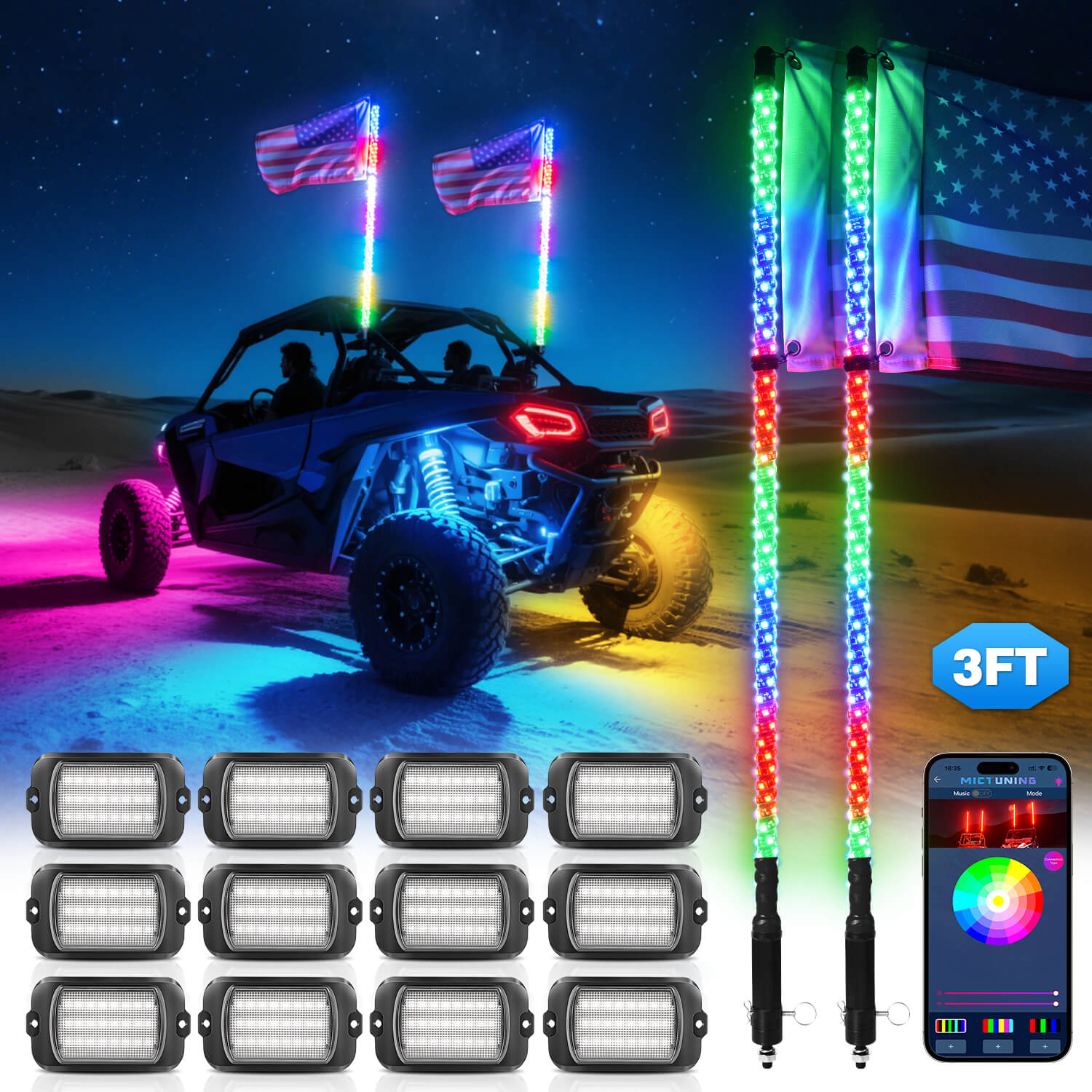 Q1 Max RGB+IC Rock Lights 8-24 Pods Bundle with 3FT/4FT W1 LED Whip Lights with 10pcs Flag
