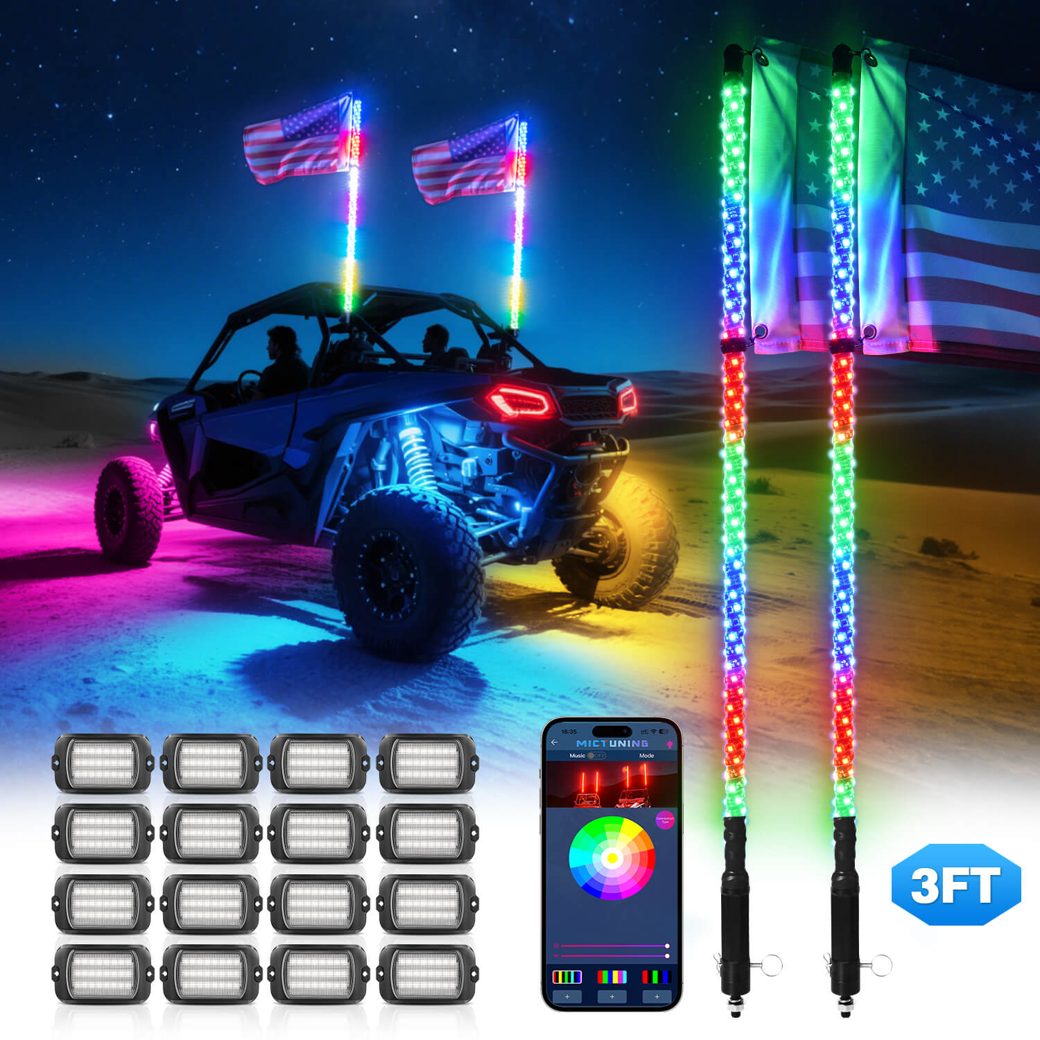 Q1 Max RGB+IC Rock Lights 8-24 Pods Bundle with 3FT/4FT W1 LED Whip Lights with 10pcs Flag