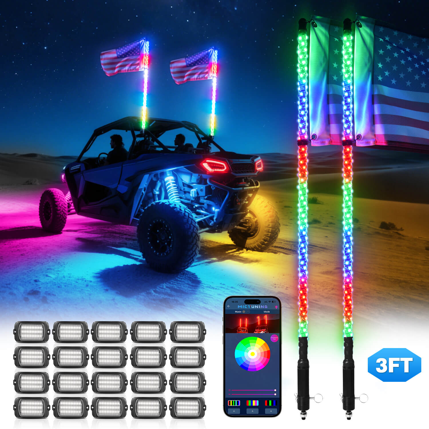 Q1 Max RGB+IC Rock Lights 8-24 Pods Bundle with 3FT/4FT W1 LED Whip Lights with 10pcs Flag