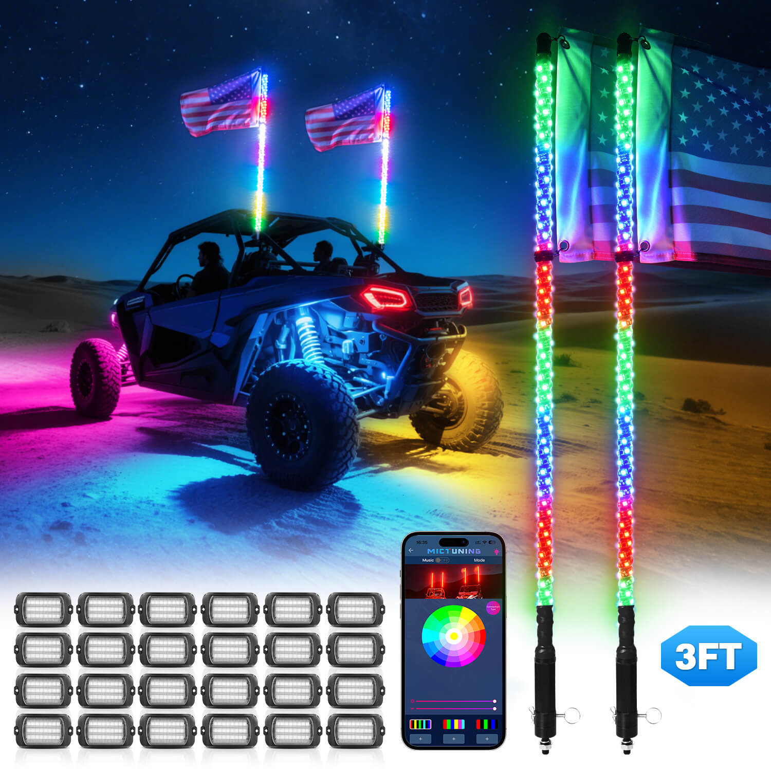 Q1 Max RGB+IC Rock Lights 8-24 Pods Bundle with 3FT/4FT W1 LED Whip Lights with 10pcs Flag