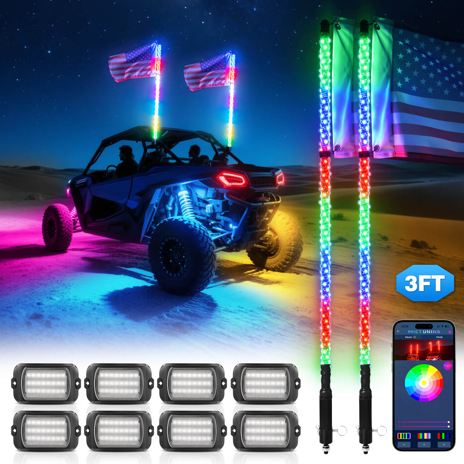 Q1 Max RGB+IC Rock Lights 8-24 Pods Bundle with 3FT/4FT W1 LED Whip Lights with 10pcs Flag
