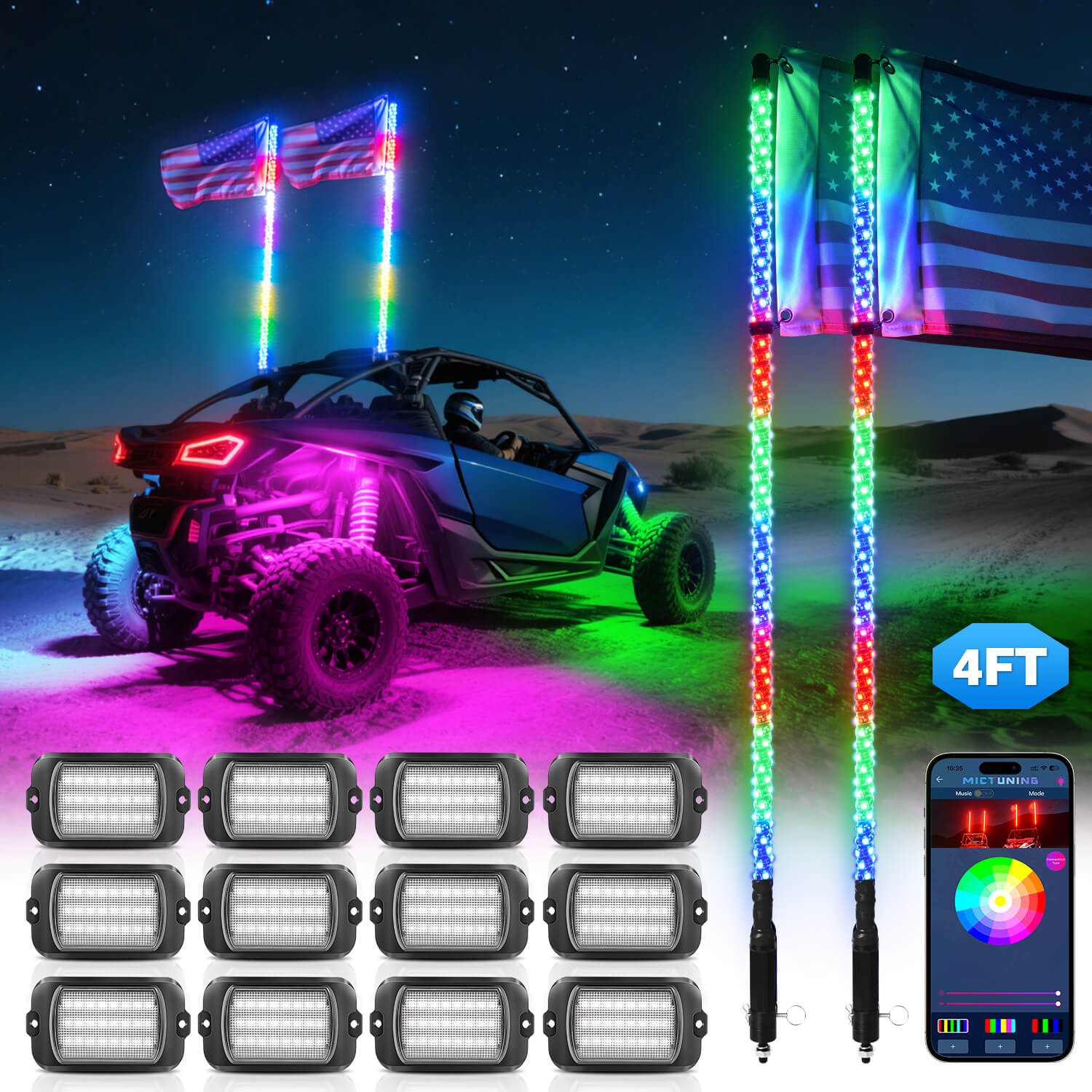 Q1 Max RGB+IC Rock Lights 8-24 Pods Bundle with 3FT/4FT W1 LED Whip Lights with 10pcs Flag