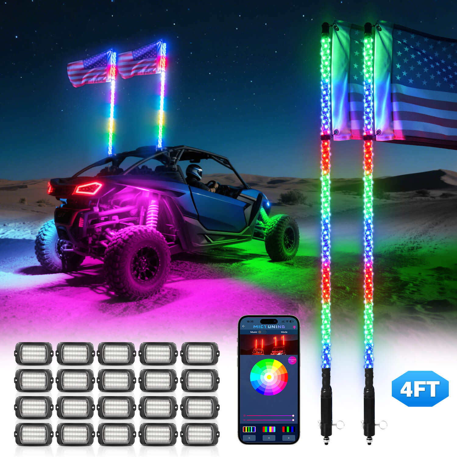 Q1 Max RGB+IC Rock Lights 8-24 Pods Bundle with 3FT/4FT W1 LED Whip Lights with 10pcs Flag