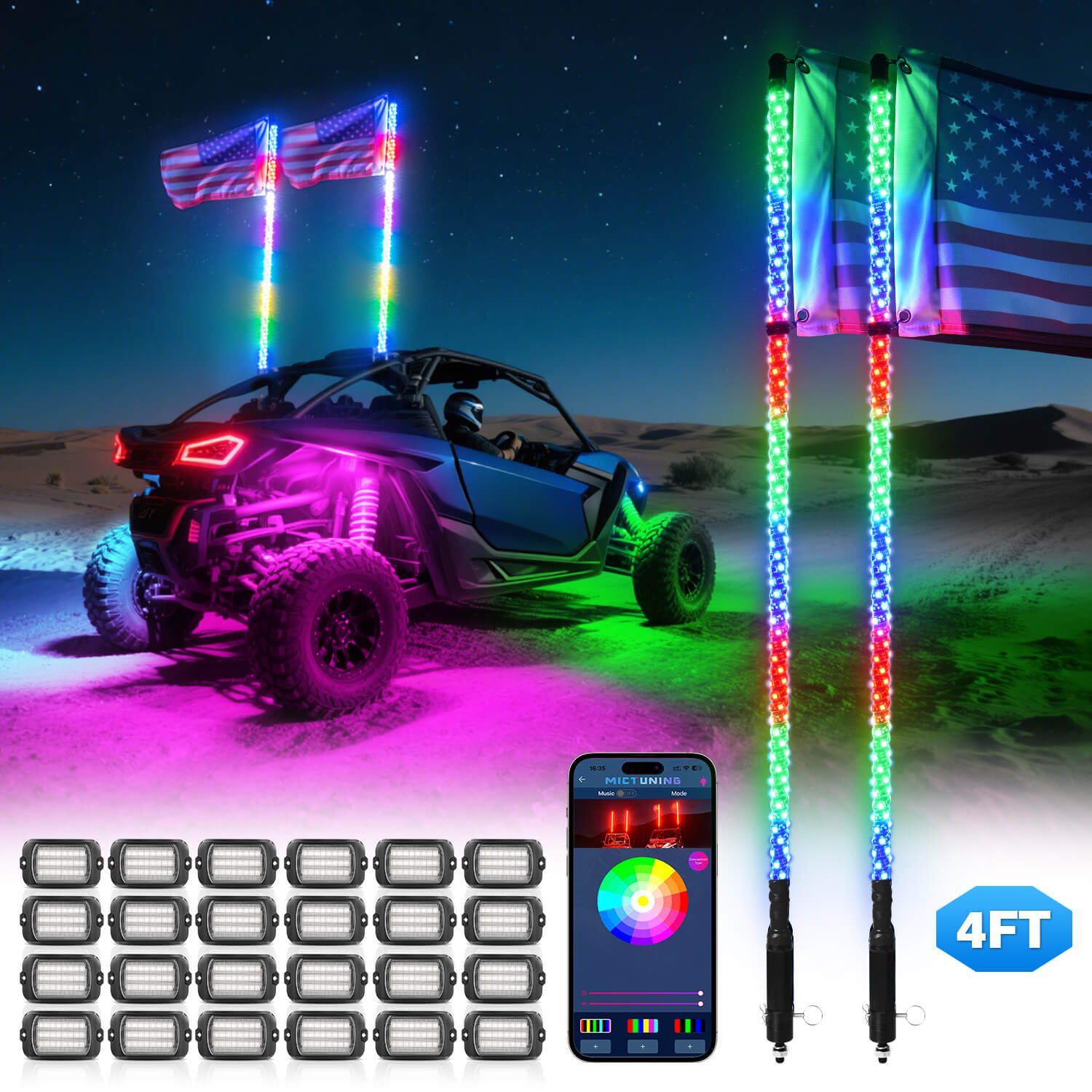 Q1 Max RGB+IC Rock Lights 8-24 Pods Bundle with 3FT/4FT W1 LED Whip Lights with 10pcs Flag
