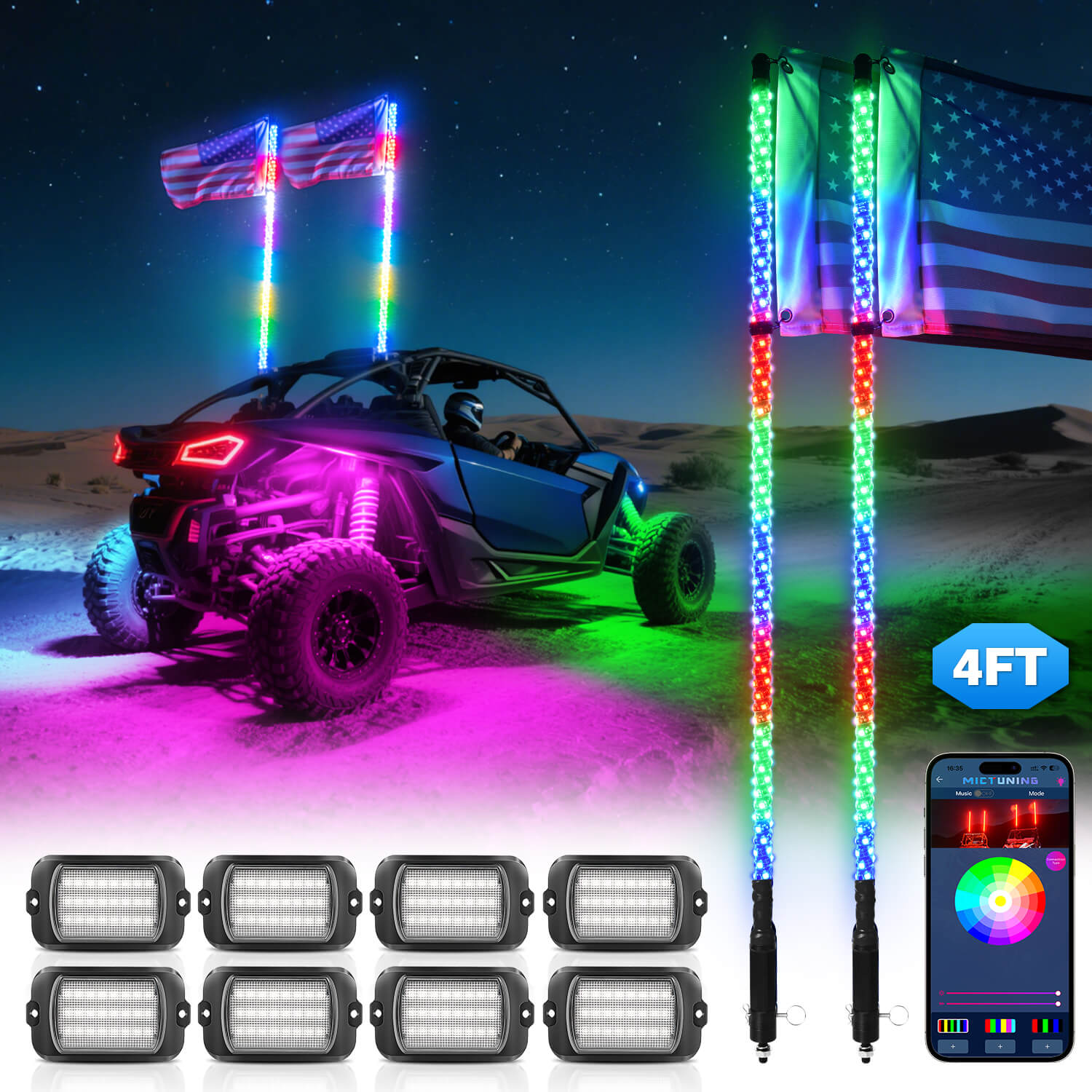 Q1 Max RGB+IC Rock Lights 8-24 Pods Bundle with 3FT/4FT W1 LED Whip Lights with 10pcs Flag