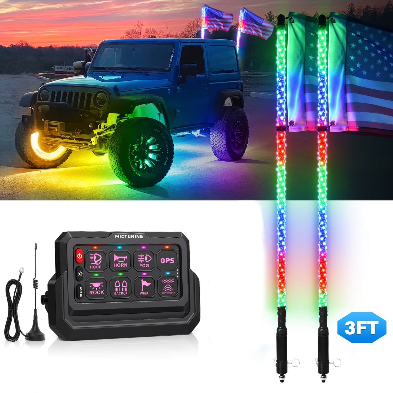3FT/4FT W1 LED Whip Lights with Flag 10pcs Bundle with P1s-W Wireless RGB Switch Panel 8/12 Gang, Up to 328FT Range