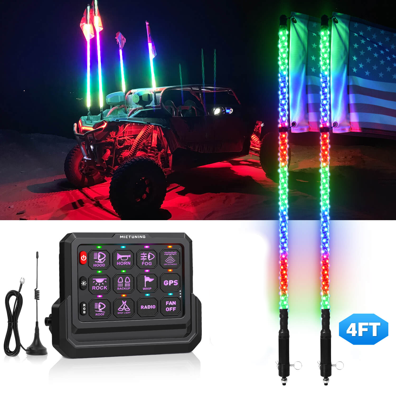 3FT/4FT W1 LED Whip Lights with Flag 10pcs Bundle with P1s-W Wireless RGB Switch Panel 8/12 Gang, Up to 328FT Range
