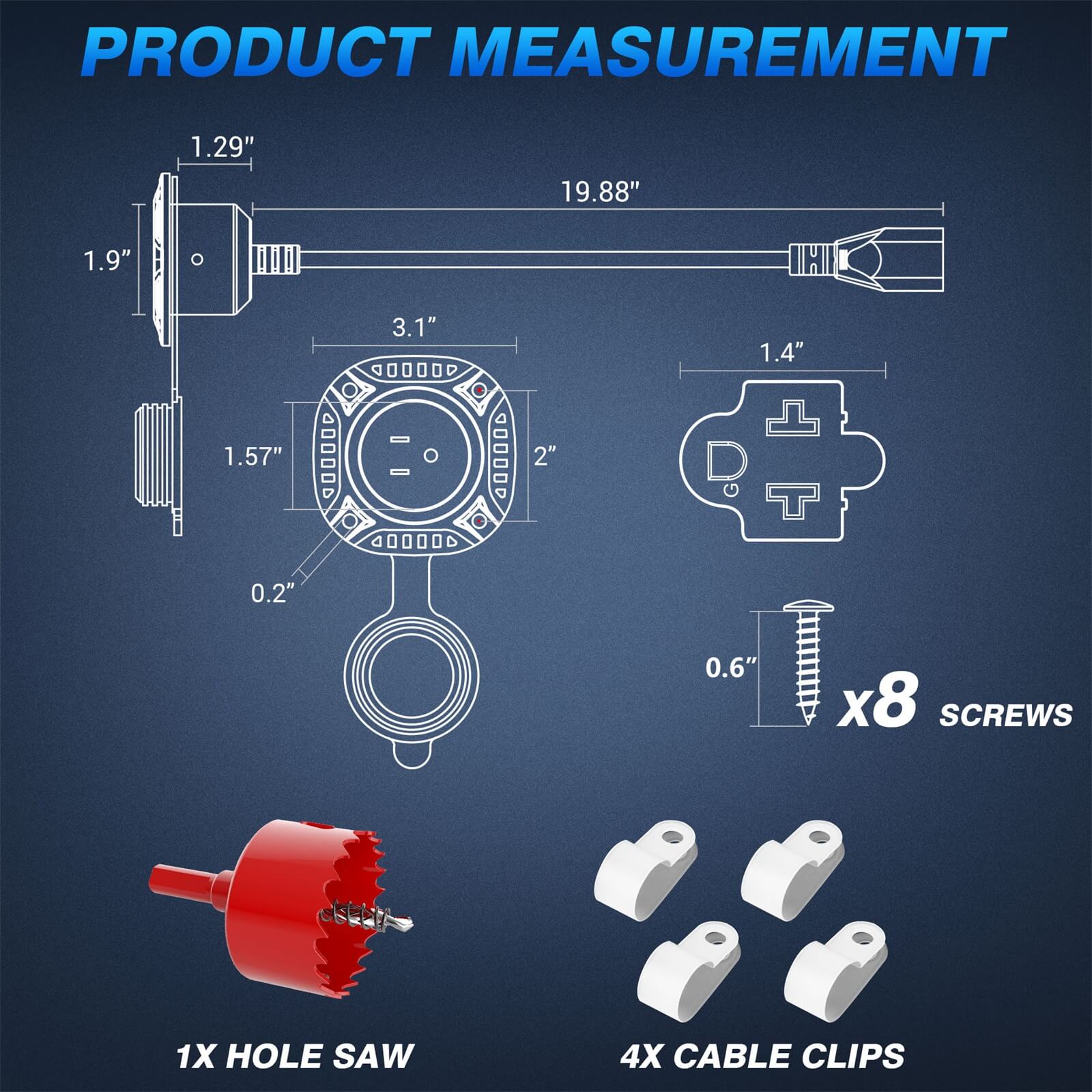 5-in-1 AC Port Plug 20A 125V, RV Shore Power Inlet Plug with T-Blade Adapter, w/ Hole Saw