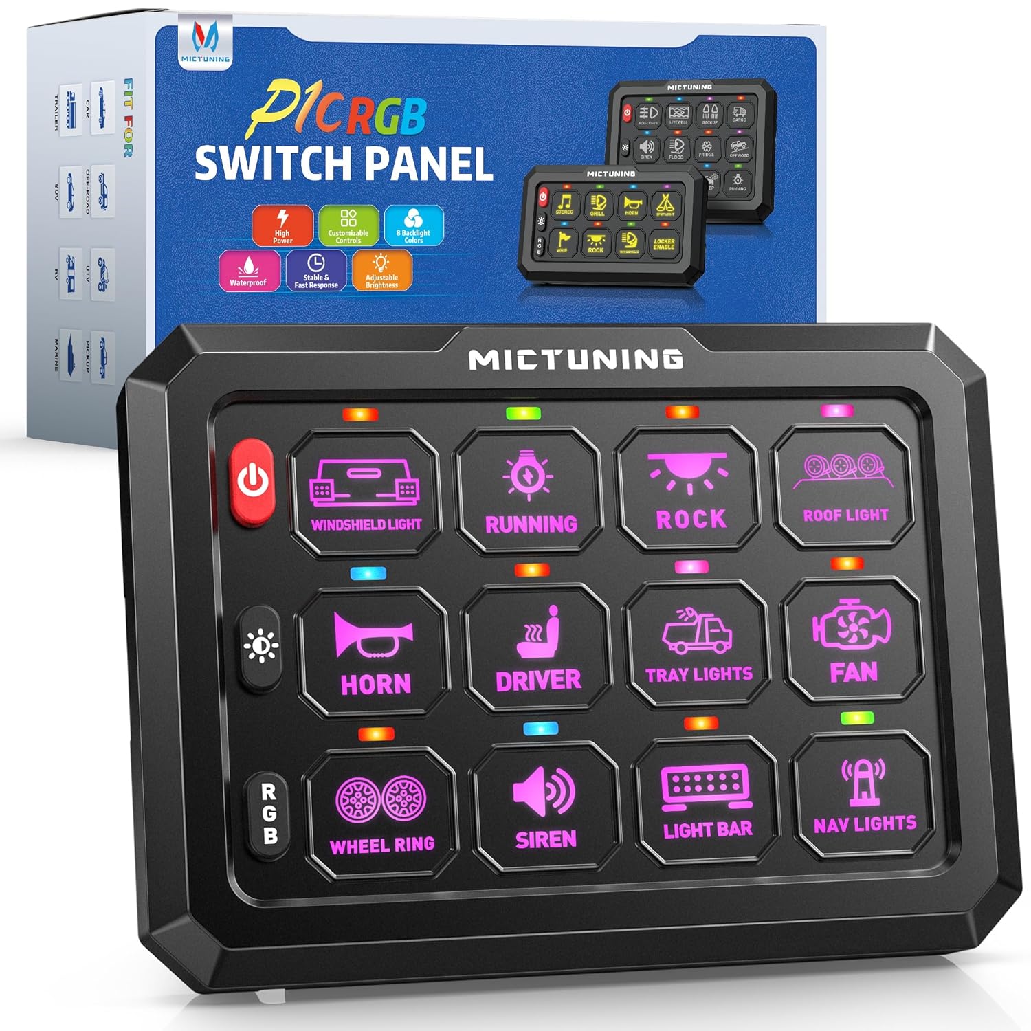 P1C RGB Switch Panel 8/12 Gang, IP67 Waterproof 4 Control Modes LED Control Panel Box Electronic Relay System Switch Box Universal