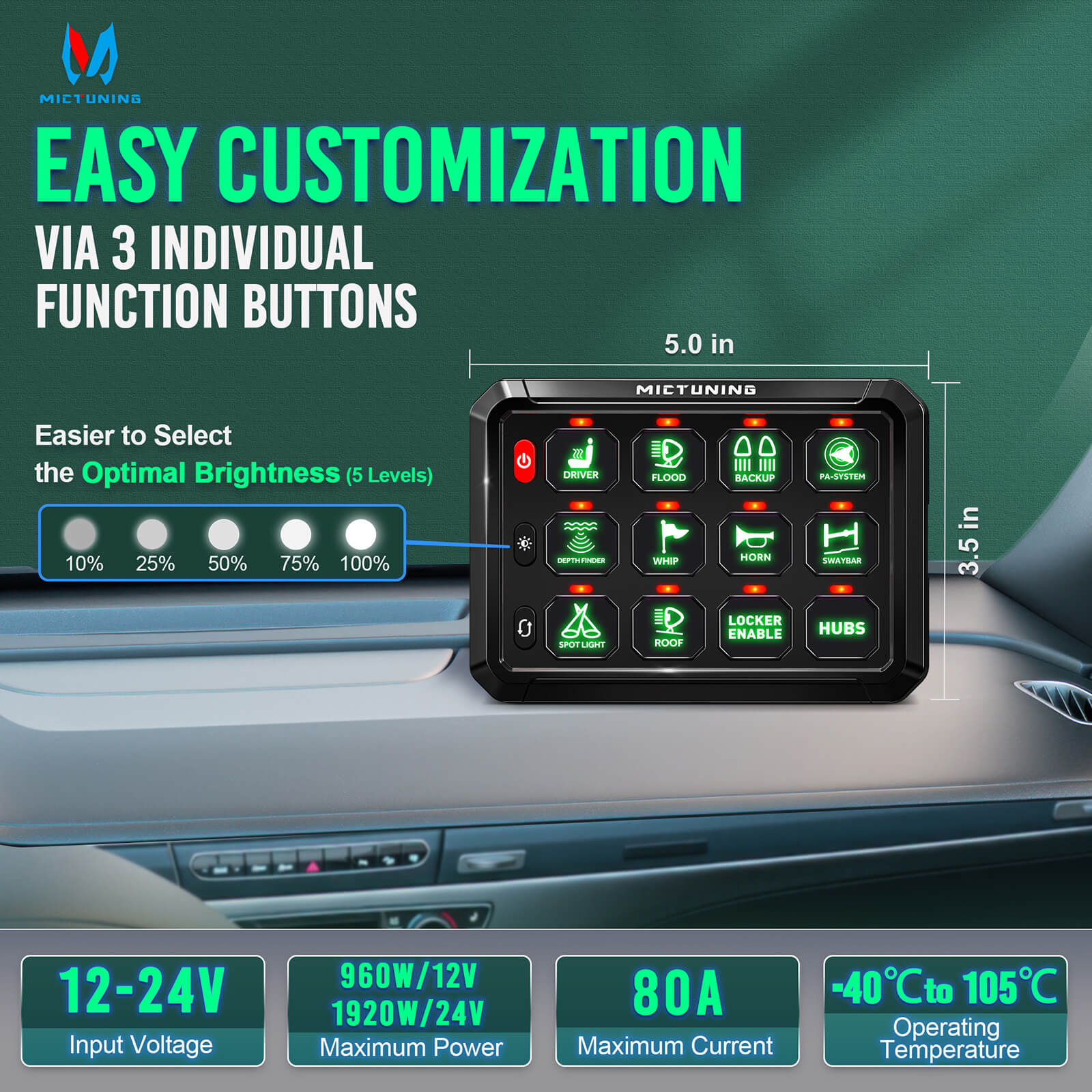 P1S-G Green 8/12 Gang Switch Panel 5″ Multifunction Toggle Momentary Pulsed Circuit Control Box Switch Panel