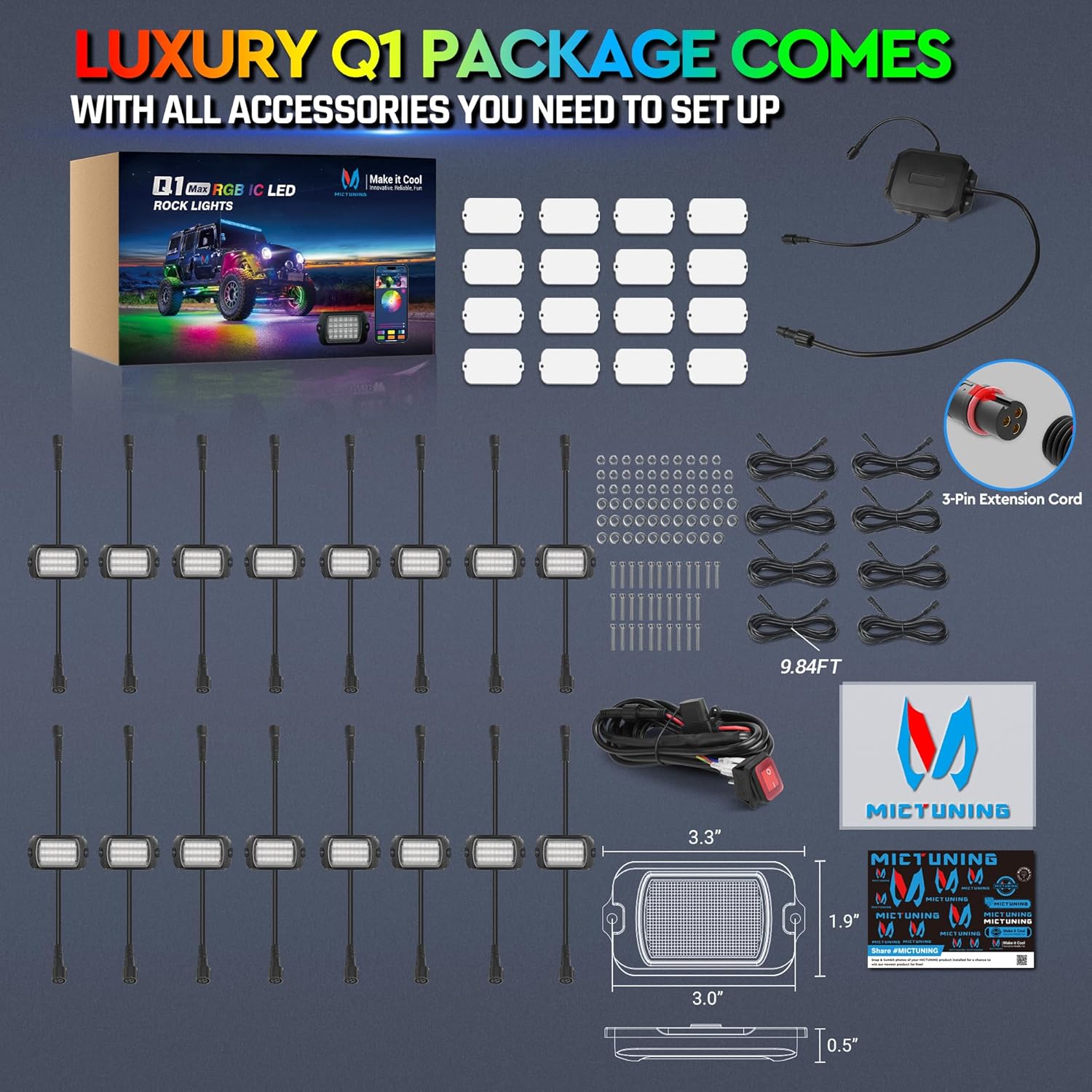 Newest Q1 Max RGB+IC Rock Lights Chasing Dream Color, 8-24 Pods, 24LEDs/Pod Super Bright, APP Control, IP68 Waterproof