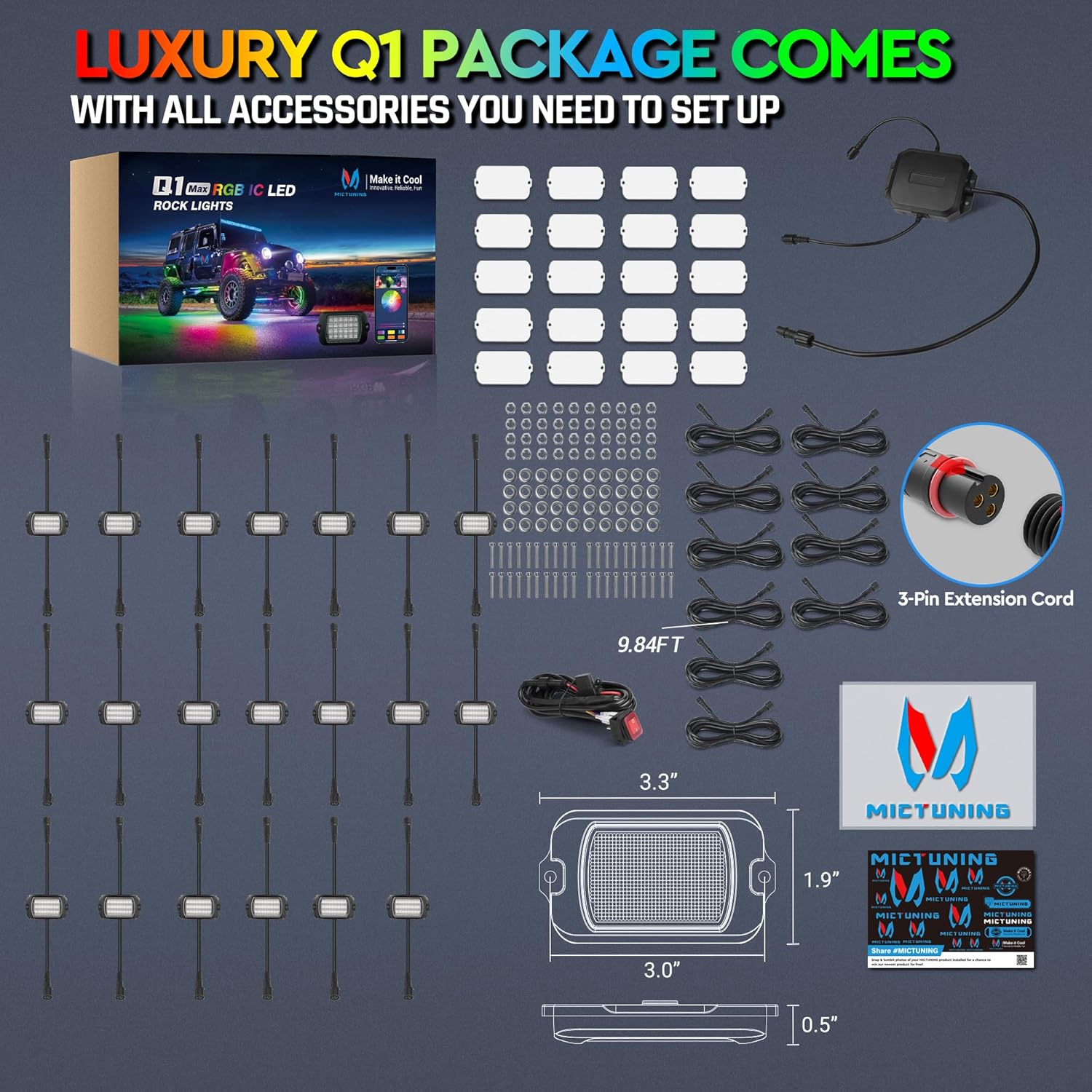 Newest Q1 Max RGB+IC Rock Lights Chasing Dream Color, 8-24 Pods, 24LEDs/Pod Super Bright, APP Control, IP68 Waterproof