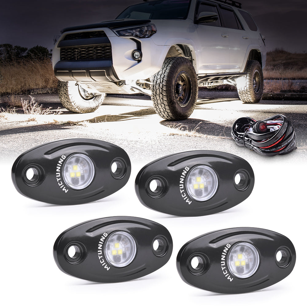 4 Pods White LED Rock Lights with Wiring Harness, Waterproof Underglow Underbody Light Kit