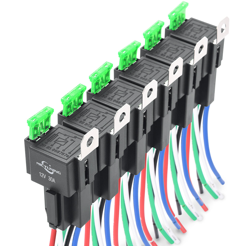 12V Fuse Relay Switch Harness Set - 30A ATO/ATC Blade Fuse, 4-Pin SPST Automotive Electrical Relays with Heavy Duty 14 AWG Wires - 6 Pack