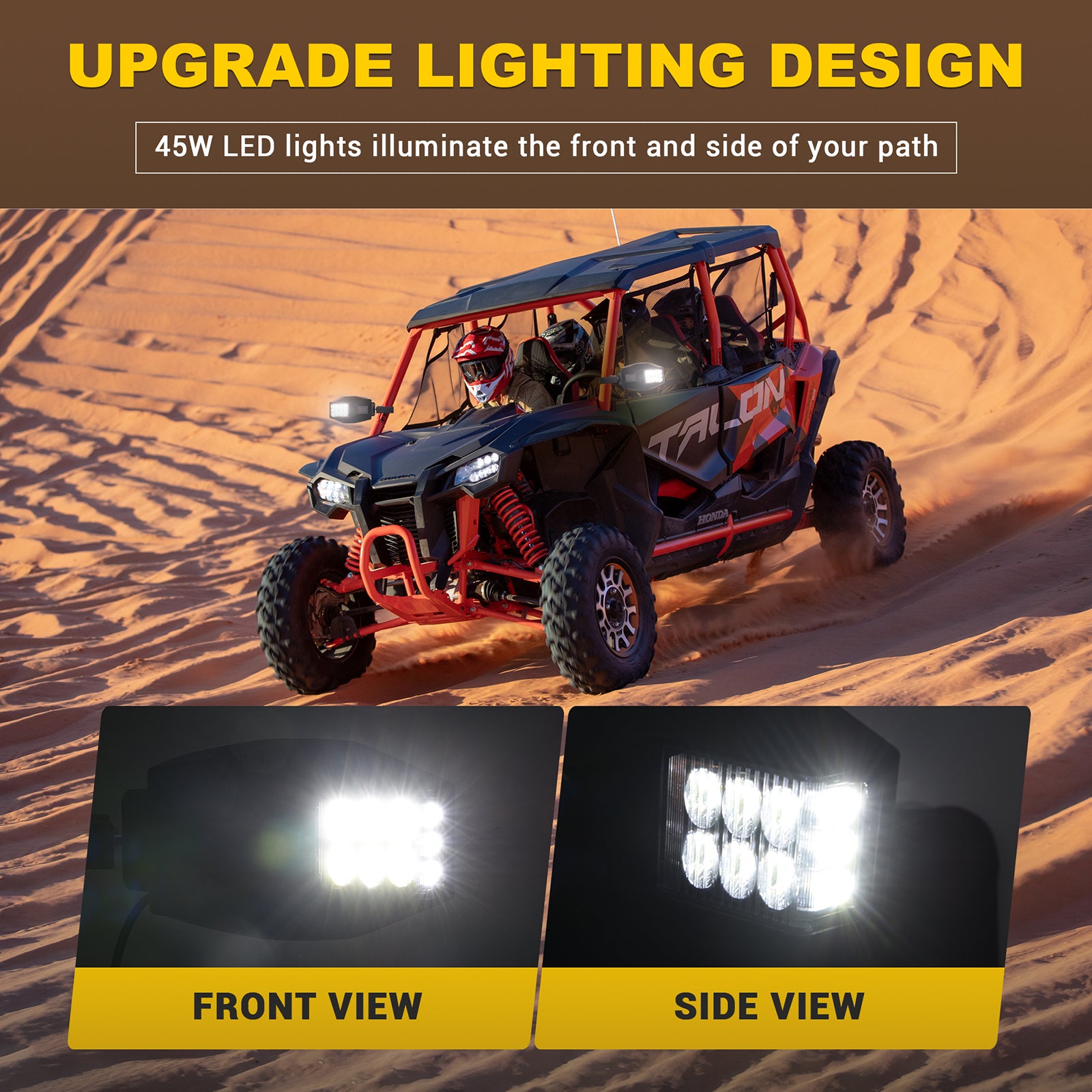 UTV RZR Side Rear View Mirrors with LED Lights 45W, Fits All 1-2 Inch Roll Bar Cage
