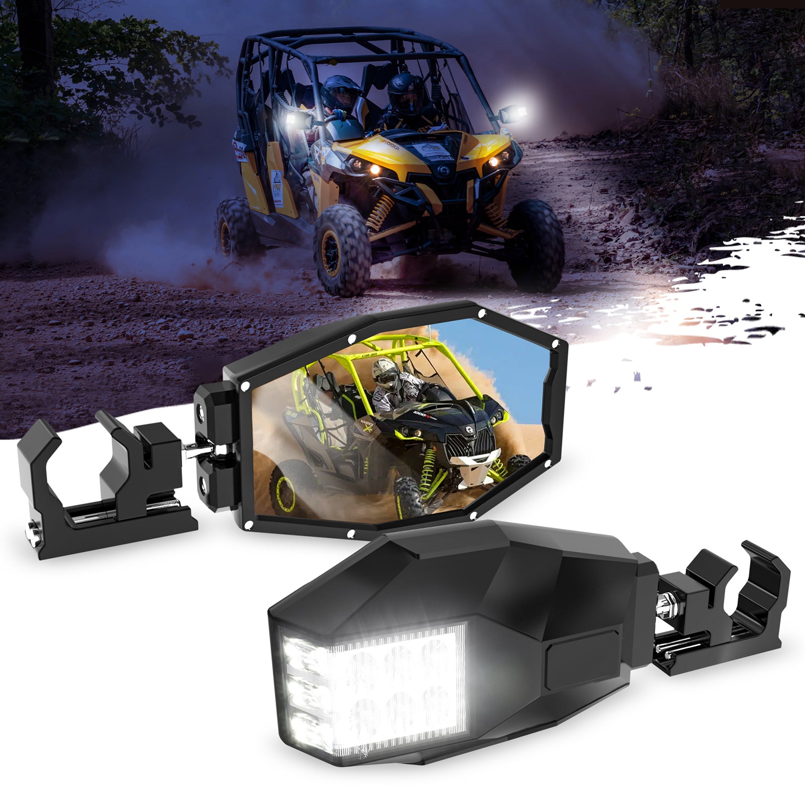 UTV RZR Side Rear View Mirrors w/ LED Lights 45W, Fits All 1-2 Roll Bar  Cage