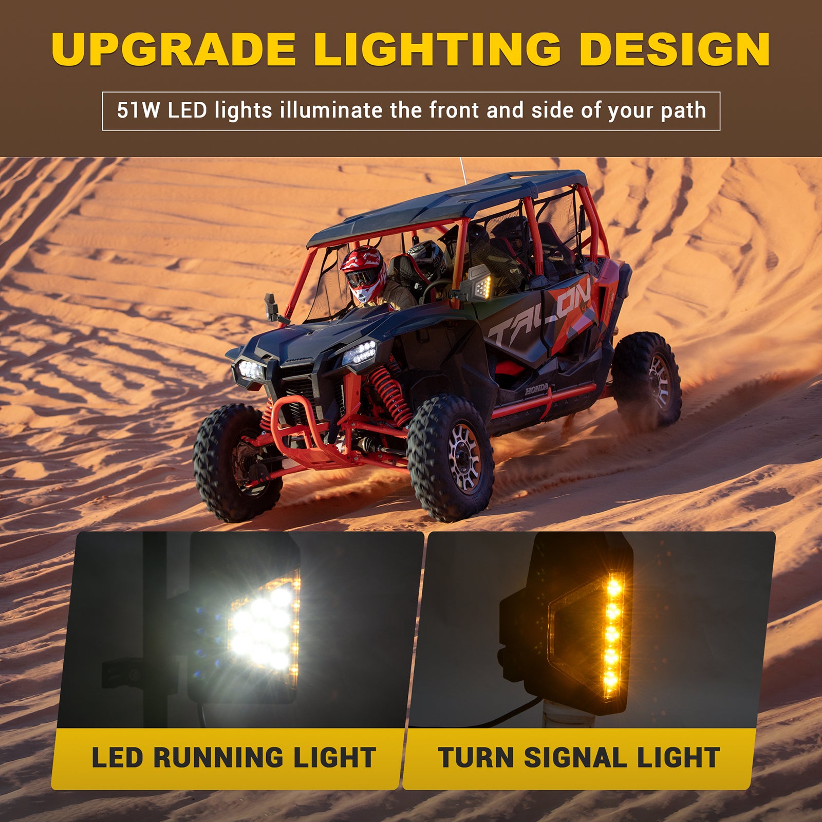 UTV RZR Side Rear View Mirrors with 51W LED Lights, Fit All 1.5 -1.75 Inch Roll Bar Cage