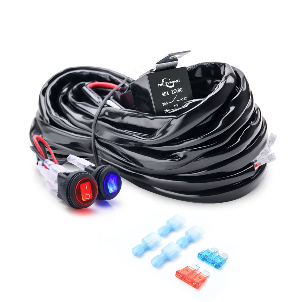 2-Circuit 180W LED Light Bar Wiring Harness Kit with Fuse 40Amp Relay, Dual Waterproof Switches Red Blue