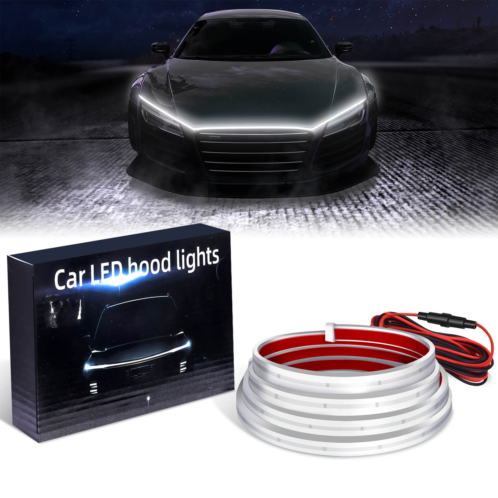71 Inches Car Hood Light Strip, Flexible Exterior Car LED Strip Lights Waterproof, White