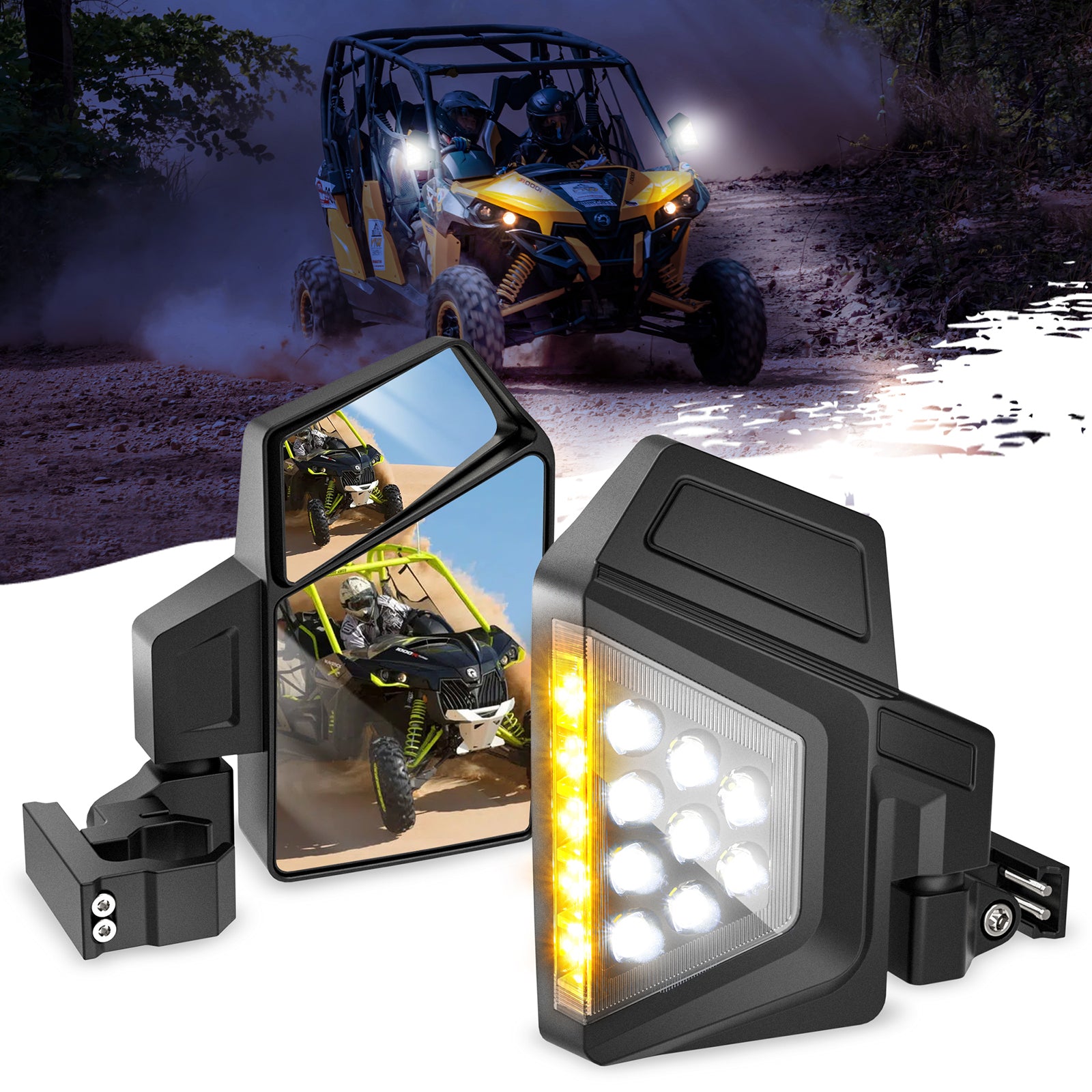 UTV RZR Side Rear View Mirrors with 51W LED Lights, Fit All 1.5 -1.75 Inch Roll Bar Cage