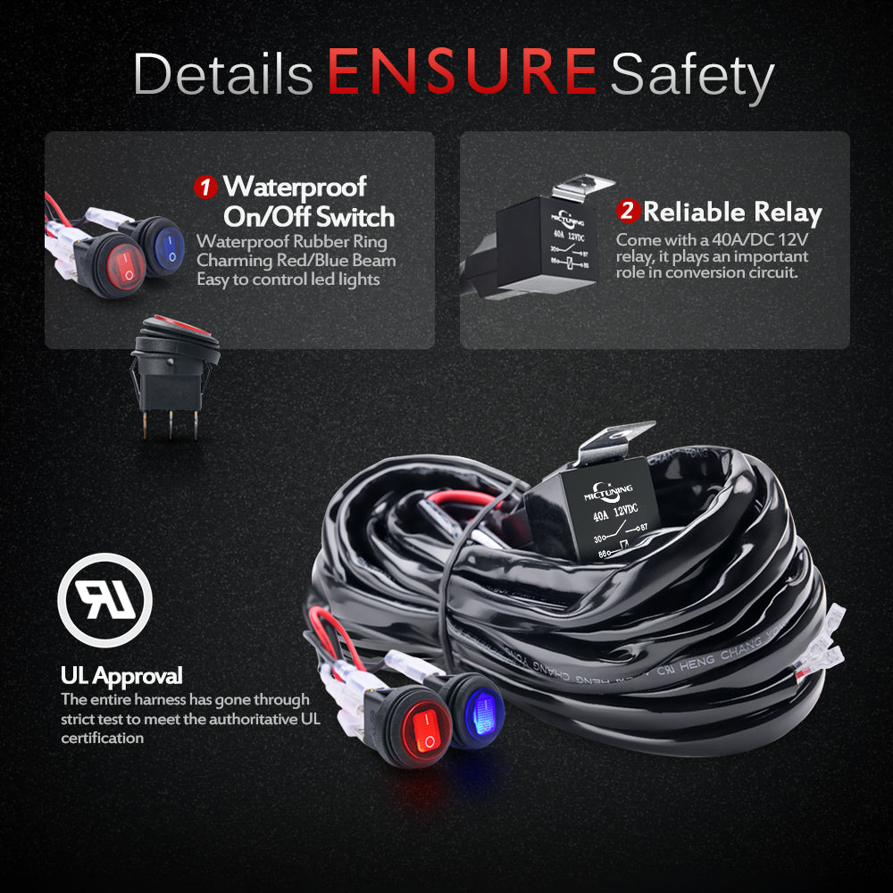 2-Circuit 180W LED Light Bar Wiring Harness Kit with Fuse 40Amp Relay, Dual Waterproof Switches Red Blue