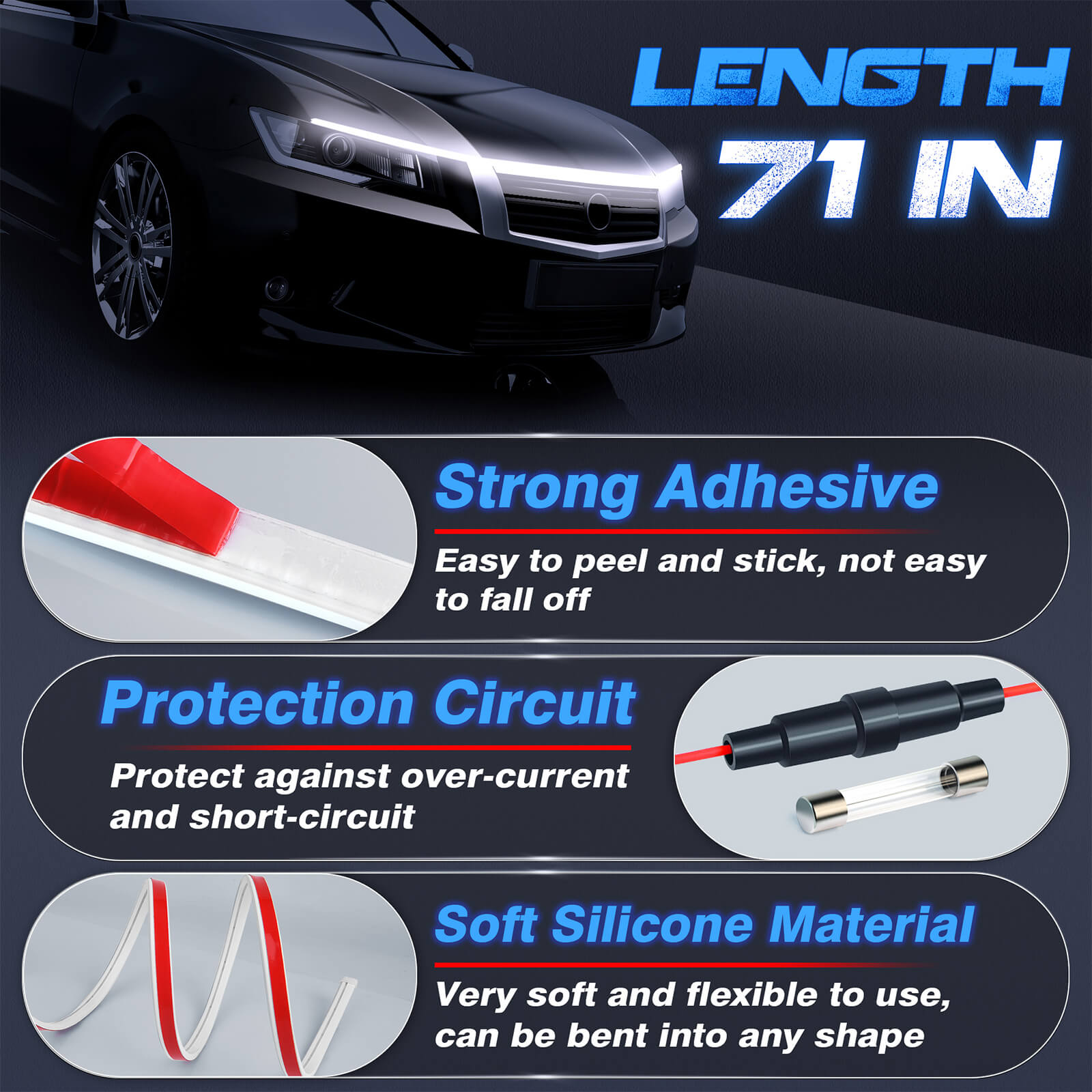 71 Inches Car Hood Light Strip, Flexible Exterior Car LED Strip Lights Waterproof, White