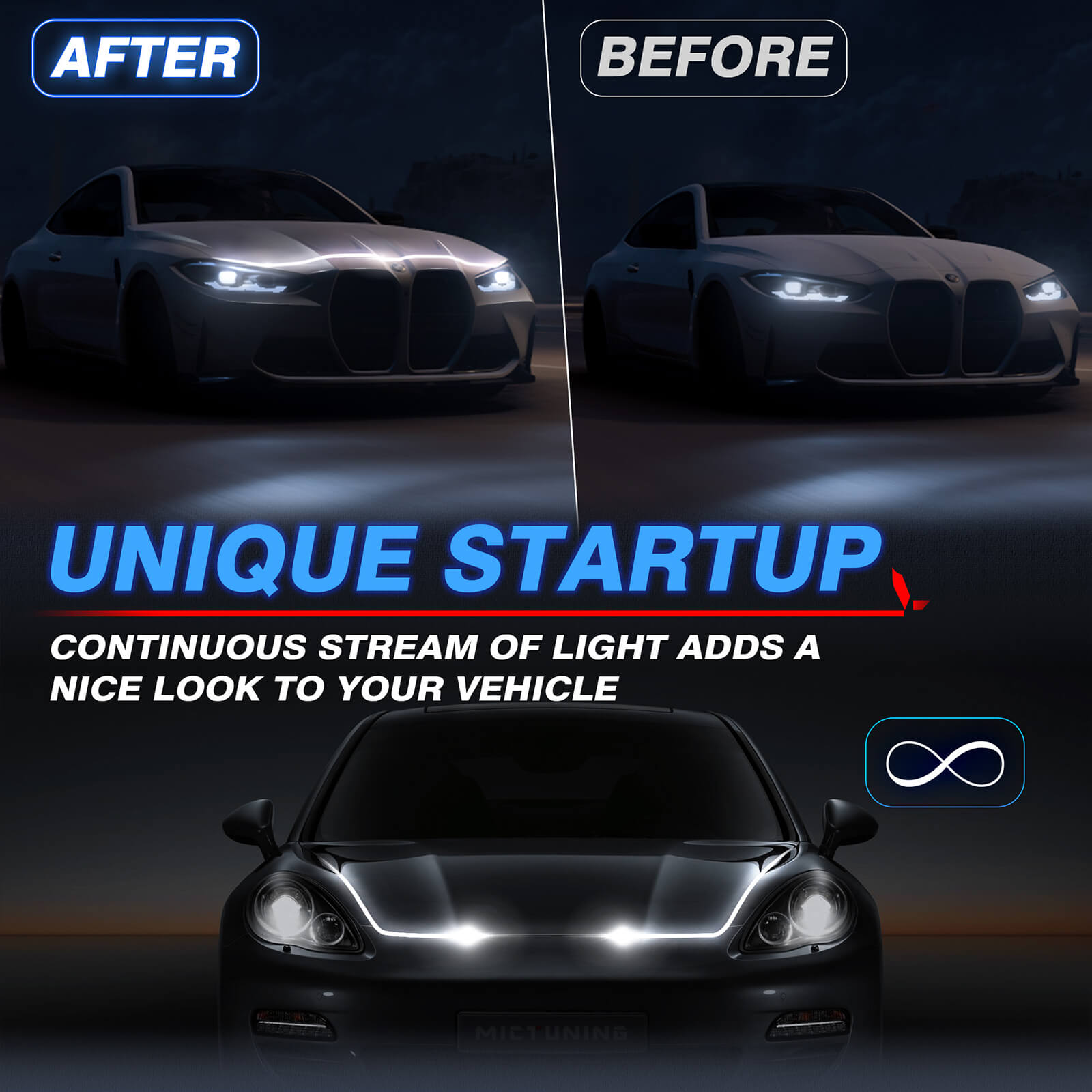 71 Inches Car Hood Light Strip, Flexible Exterior Car LED Strip Lights Waterproof, White