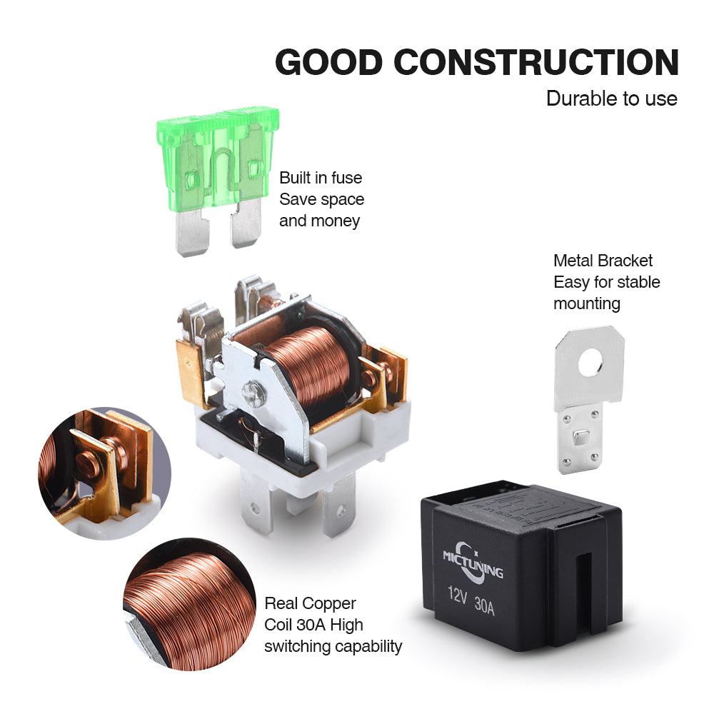 12V Fuse Relay Switch Harness Set - 30A ATO/ATC Blade Fuse, 5-Pin SPST Automotive Electrical Relays with Heavy Duty 14 AWG Wires - 6 Pack