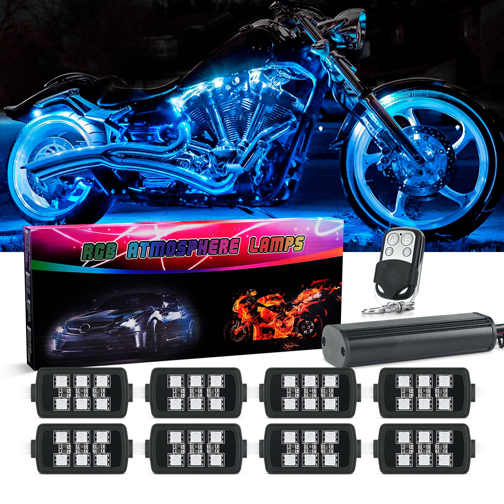 8pcs Motorcycle RGB LED Strip Lights Kit with Brake Light Function - Multi-Color Underglow LED Accent Glow Neon Lights Waterproof