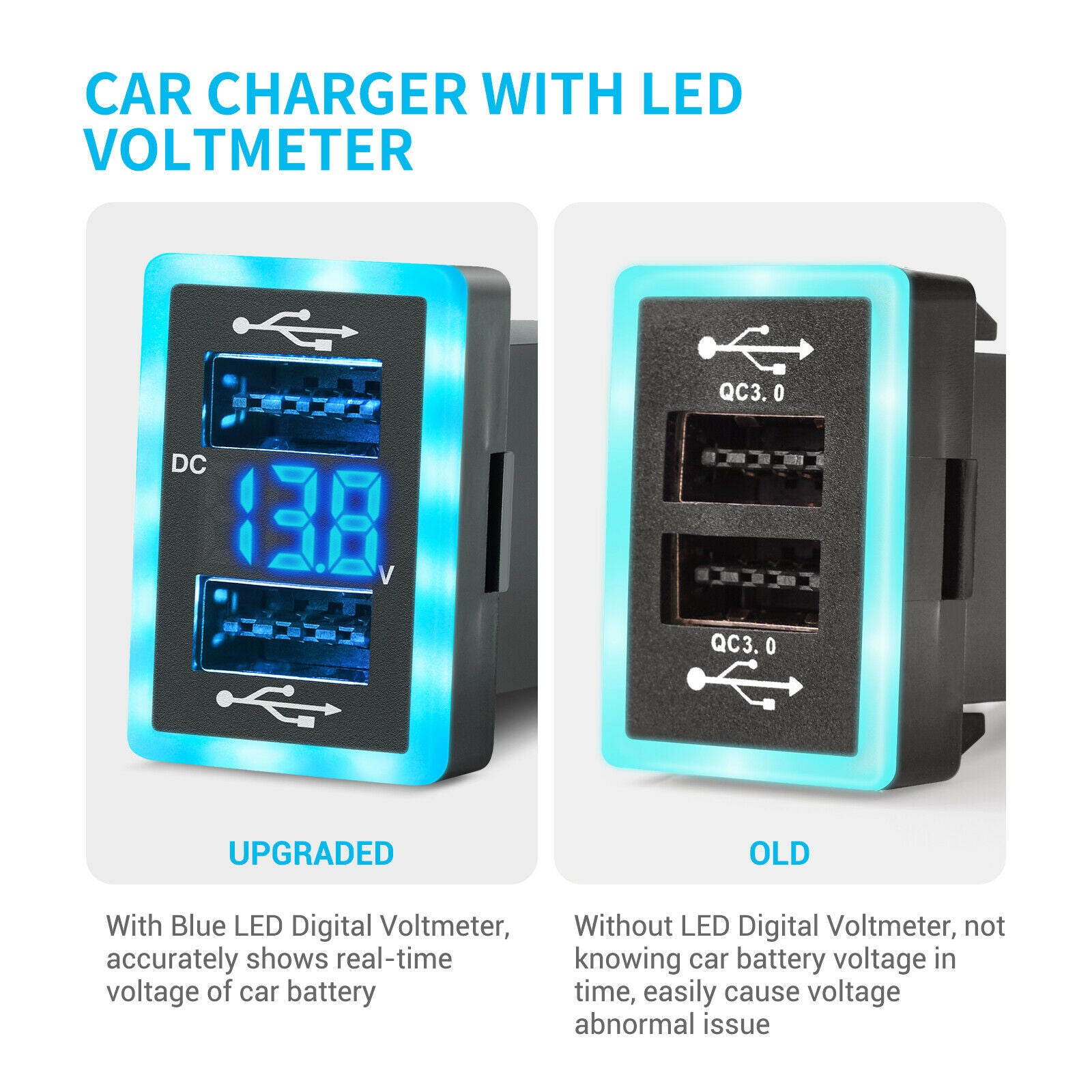 6.4A Dual USB QC3.0 Quick Charger LED Voltmeter for Toyota 1.3 x 0.9" 1.6 x 0.9"