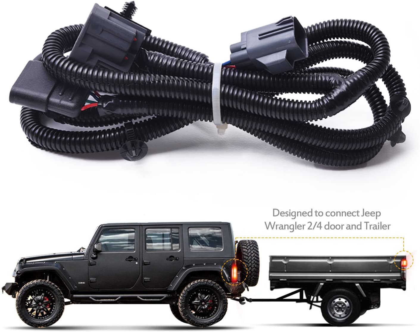 65'' Trailer Hitch Wiring Harness Kit with 4-Way Flat Connector Compatible with 07-18 Jep Wrangler JK 2/4 Door