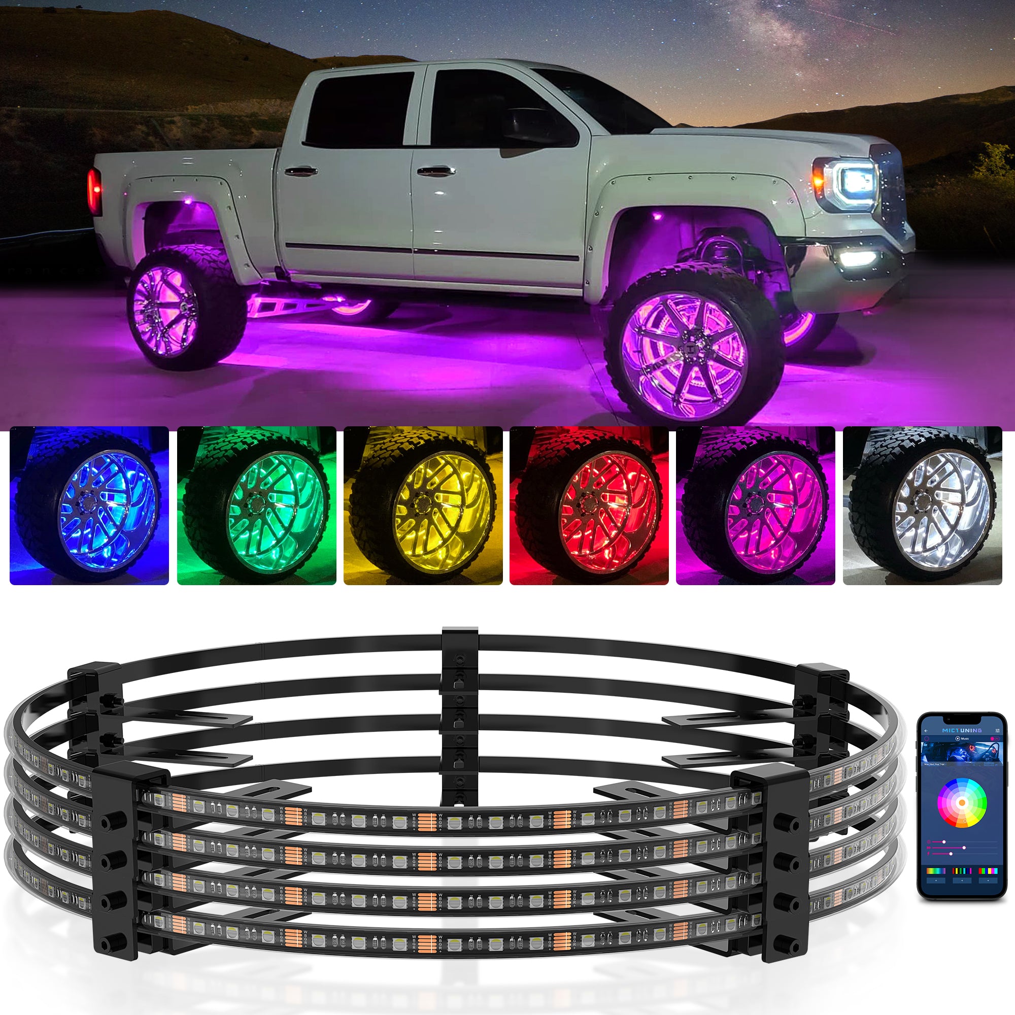 15.5″/17.5″ V1 RGBW LED Wheel Ring Lights Kit with APP Control, Pure Colors Neon Wheel Rim Lights