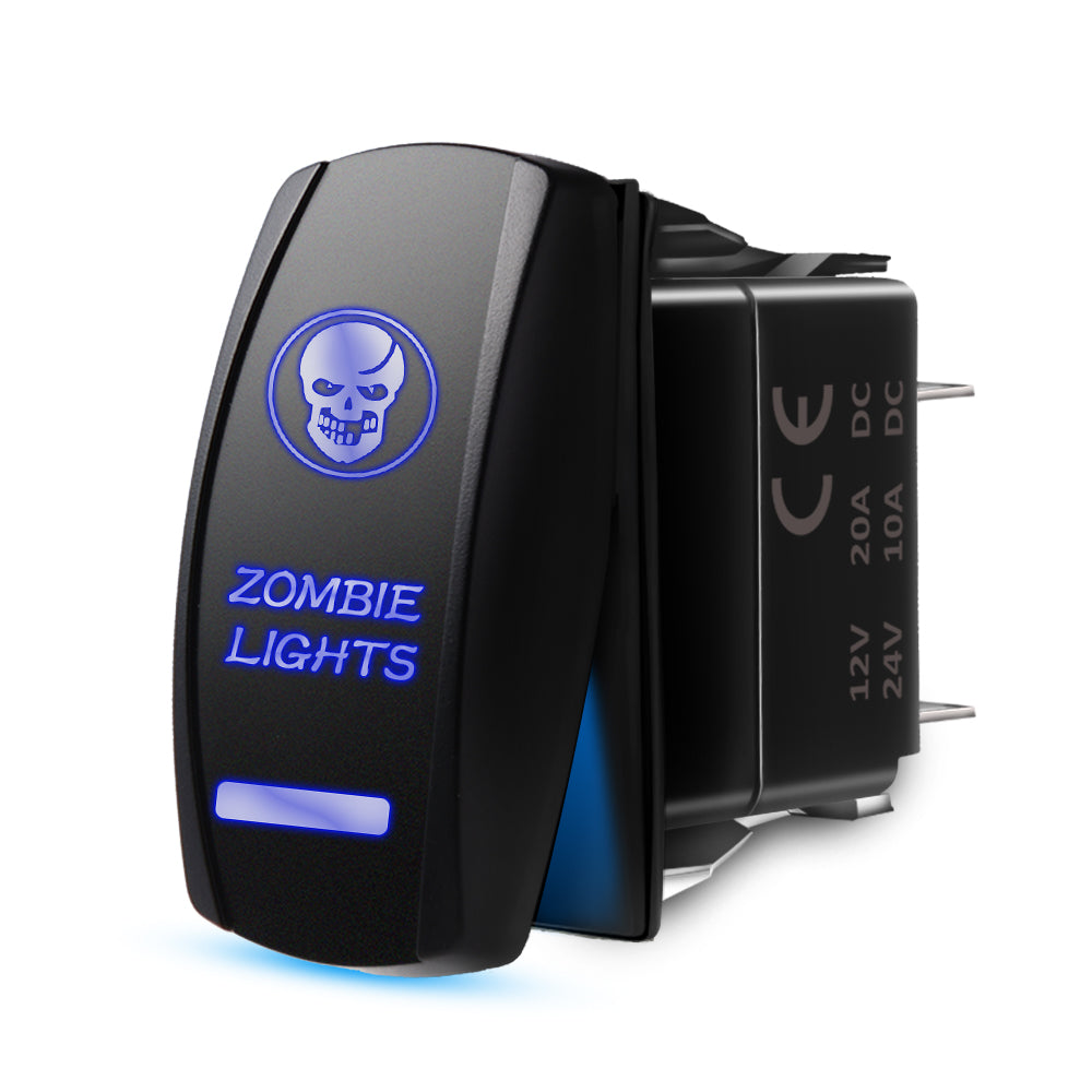 5 Pin ZOMBIE LIGHT Blue Lights Rocker Switch, On-Off LED Light, 20A 12V