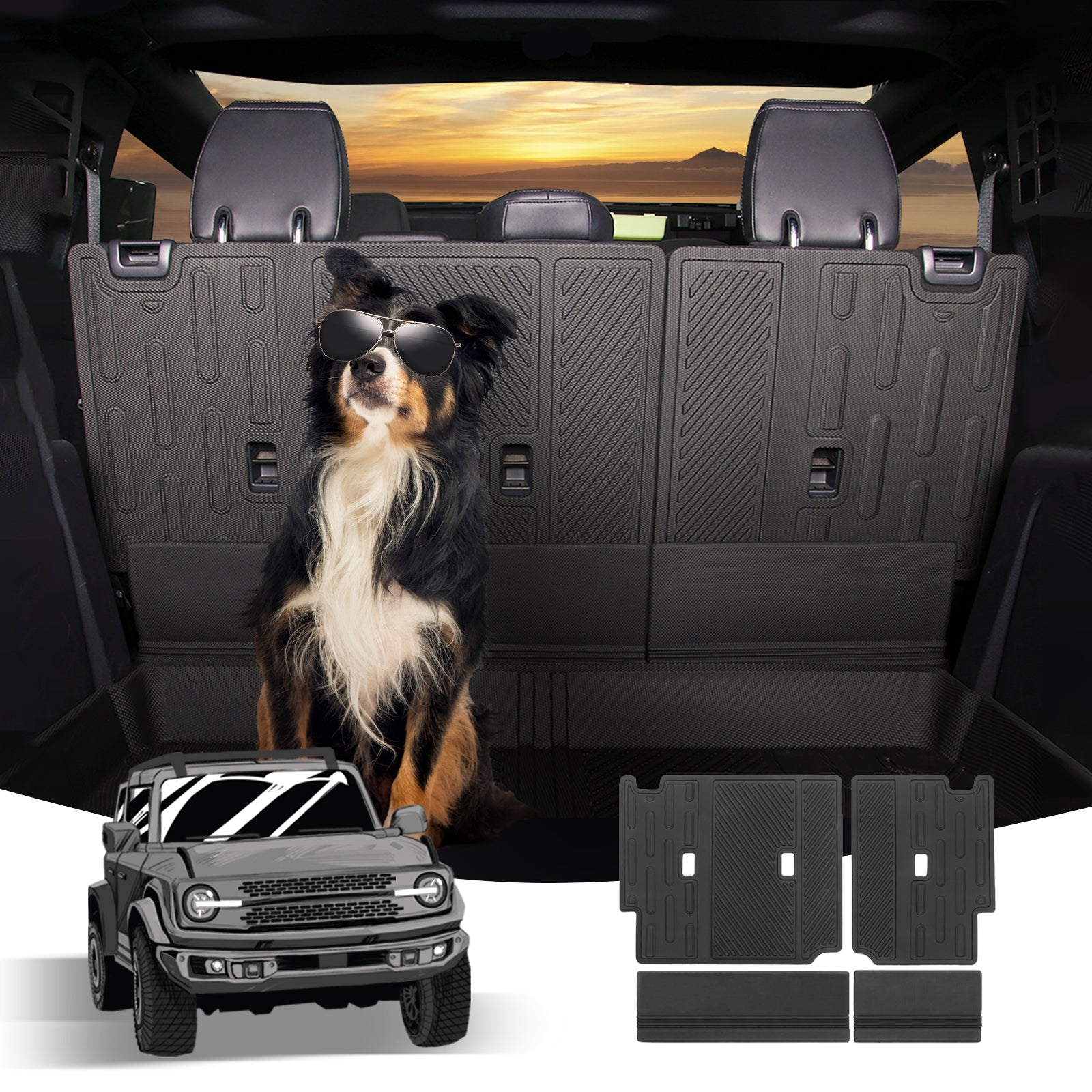 Rear Seat Back Cover 3D Precise Protector Compatible with Ford 2021 2022 2023 Bronco Accessories 4 Door Split Dog Seat Liner Mat (4 Pieces-with Folding Lip)