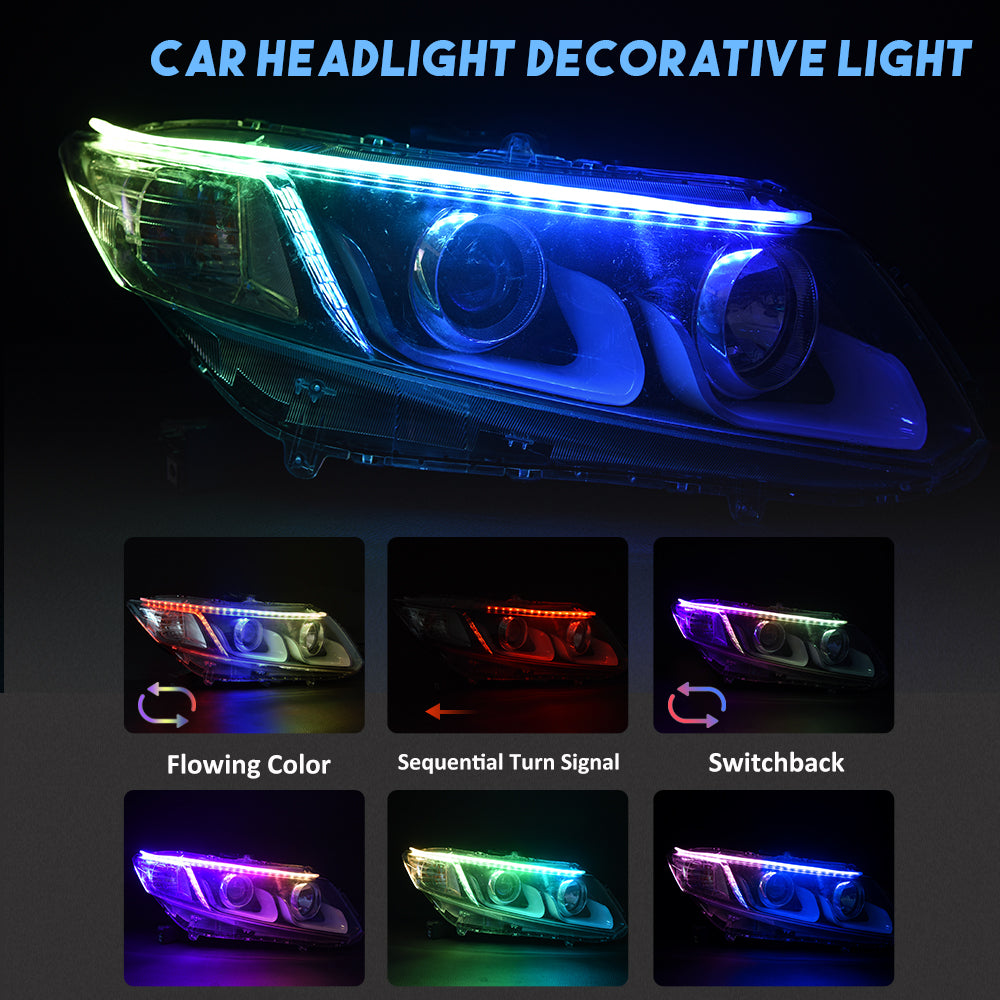 18.5 inch Car Headlight Surface LED Strip Tube Light - RGB Multi Color Daytime Running Light Sequential Turn Signal Light
