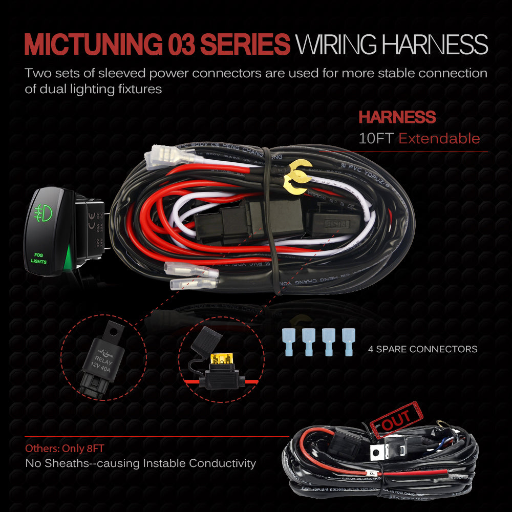 16AWG Wire Harness Green Fog Light Rocker Switch Fuse 40A Relay 2 Lead