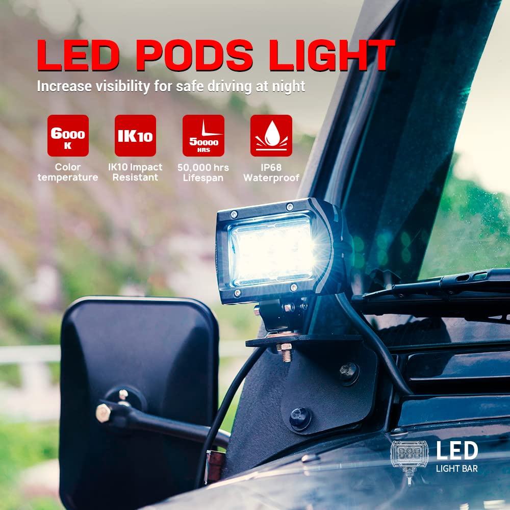 K1 LED Light Pods 2Pcs 4 Inch 18W Off Road Spot Flood LED Light Bar 1620lm