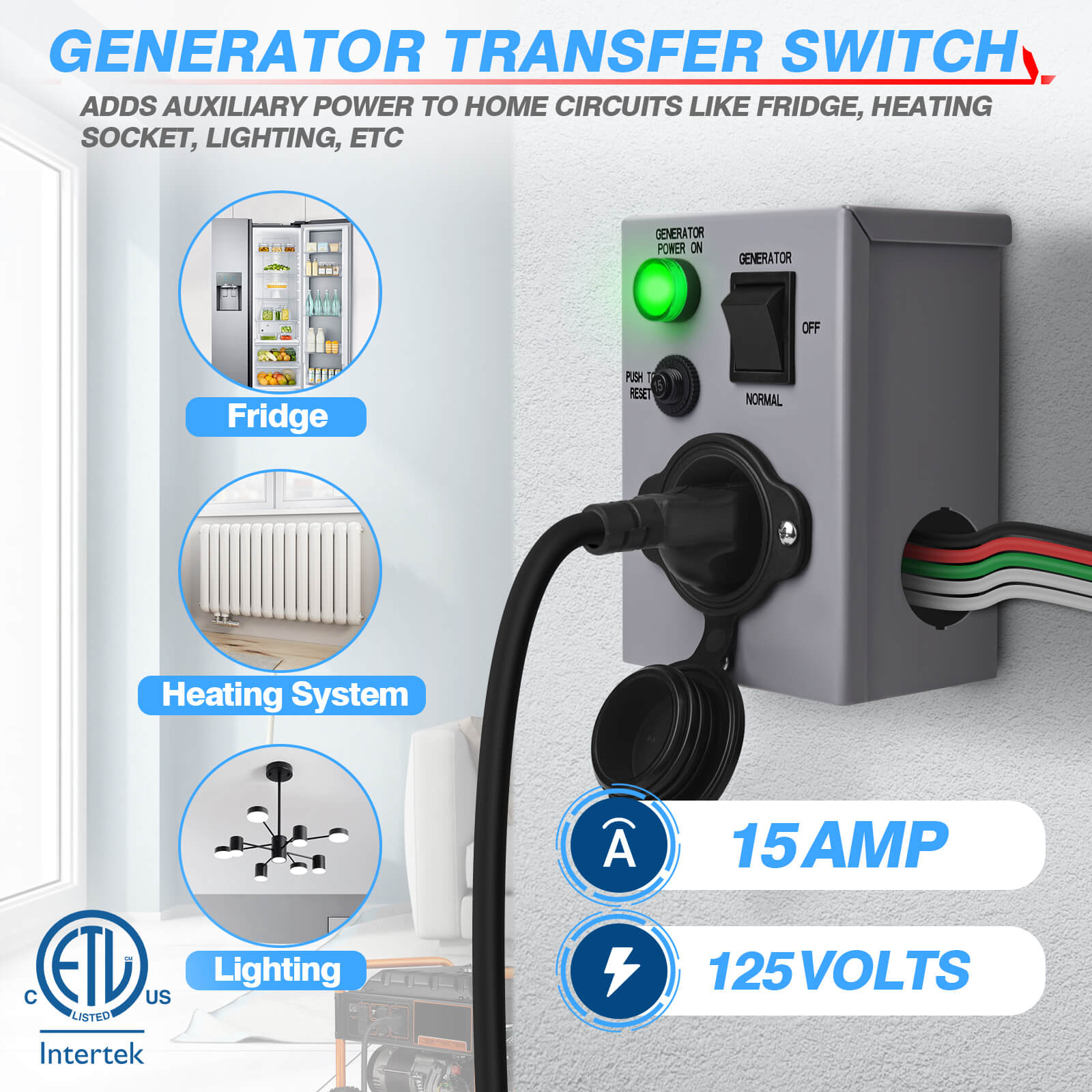 15 Amp 125V Generator Transfer Switch, Power Inlet Box, Waterproof Manual Transfer Switch MICTUNING