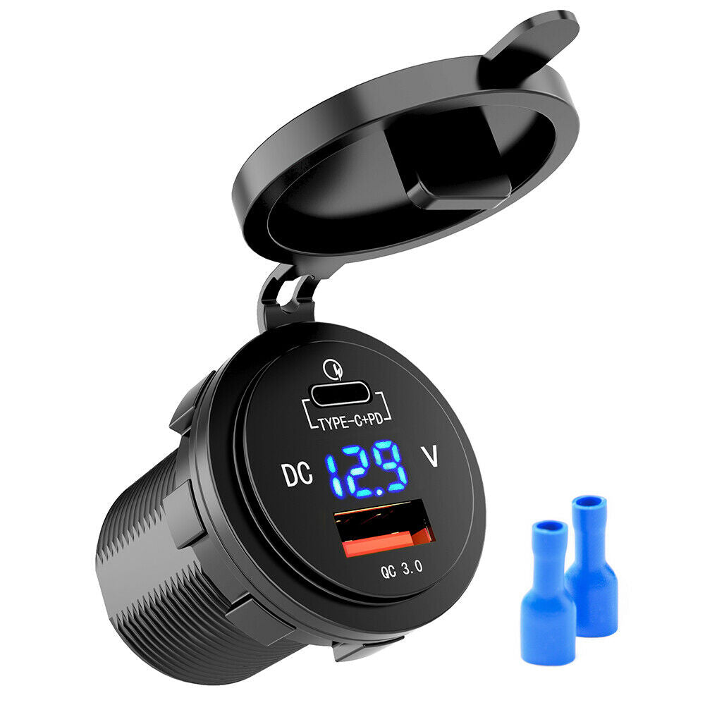 MICTUNING 36W Fast PD USB-C Car Charger with USB Quick Charge 3.0 + Type C Charger Socket w/LED Digital Voltmeter Compatible with iPhone iPad Pixel