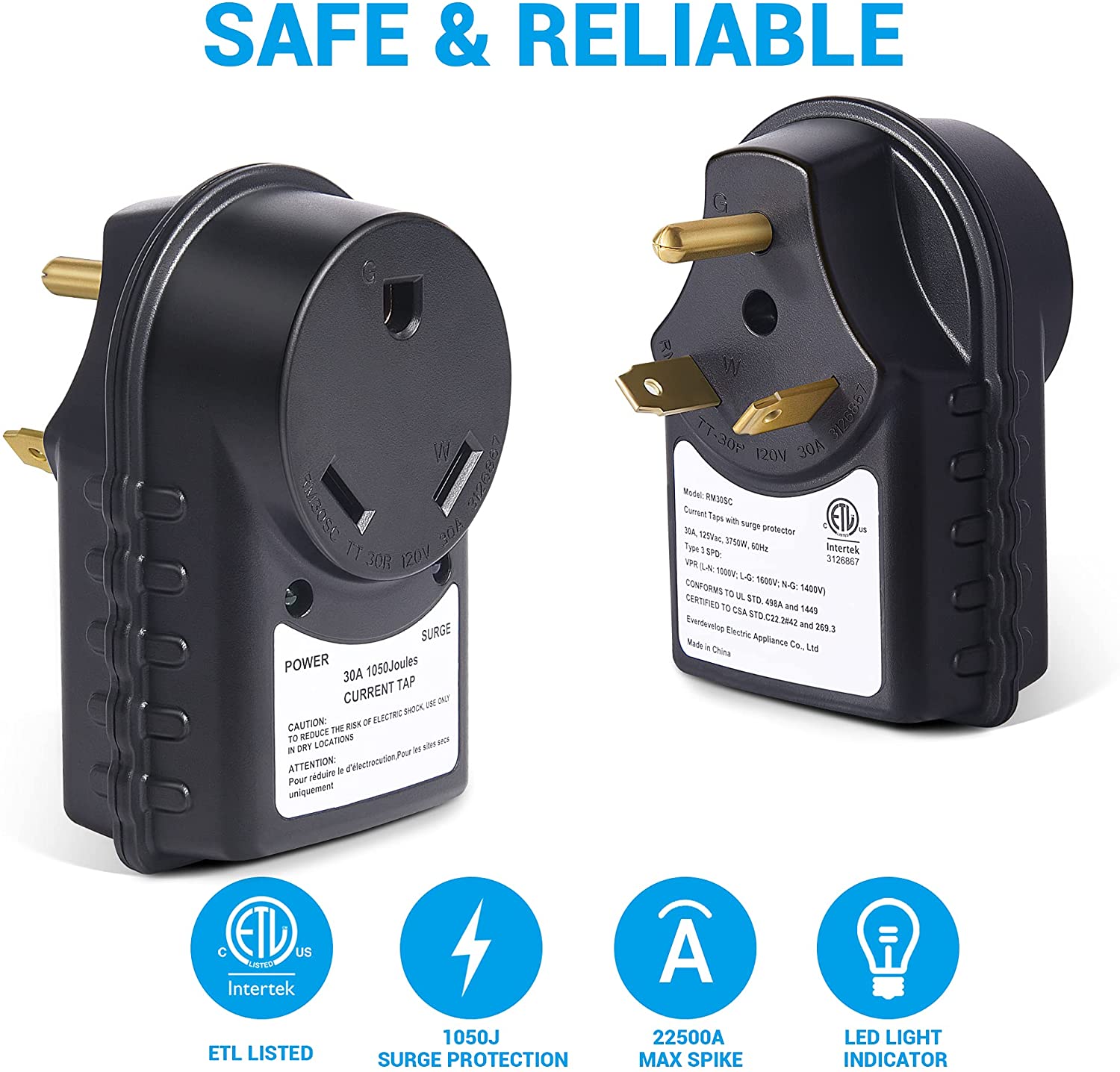 30 Amp RV Surge Protector - 125V, 1050 Joules, LED Indicator Light, ETL Listed, 30 Amp Male to 30 Amp Female for RV Trailer Camper