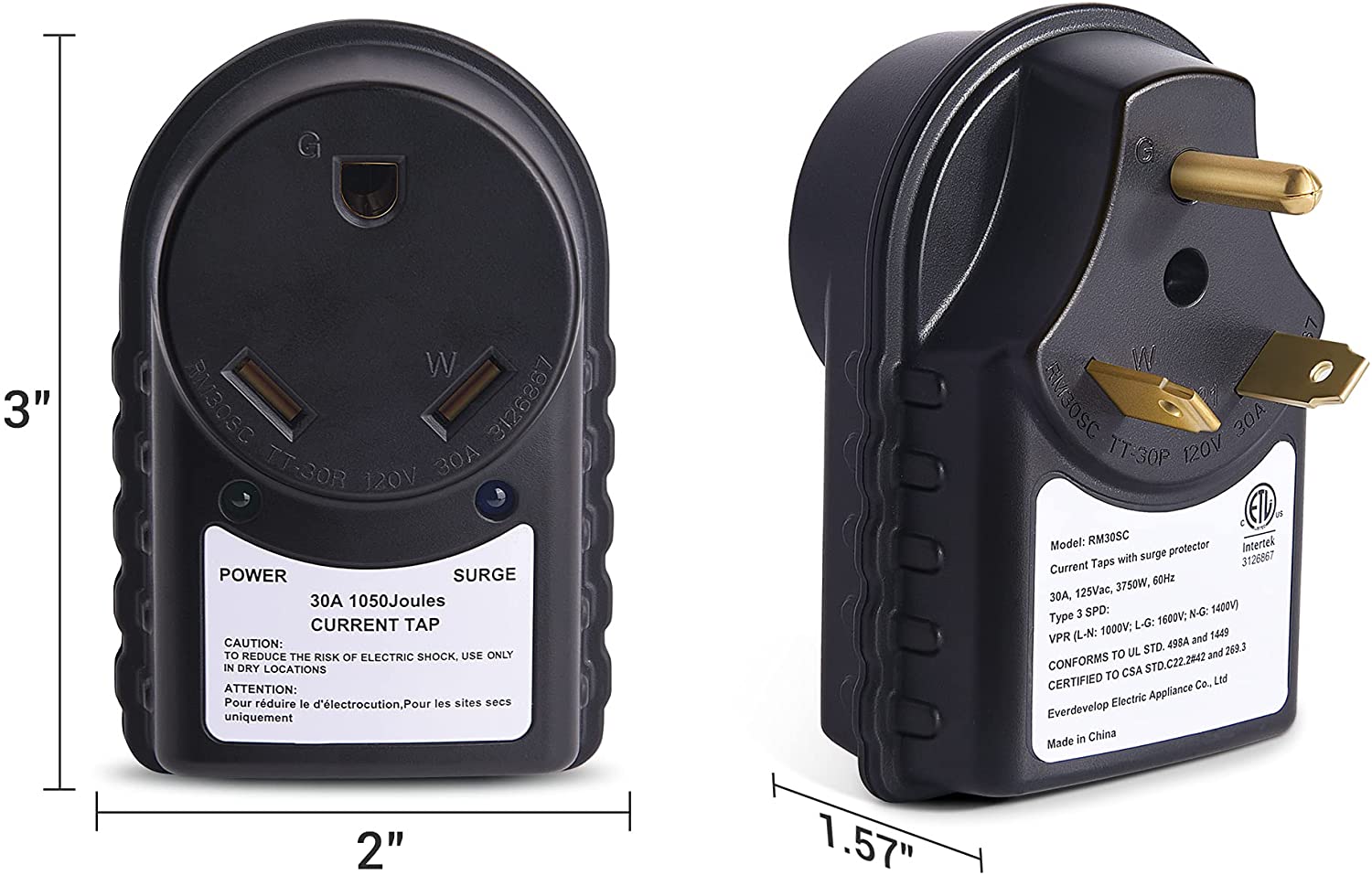 30 Amp RV Surge Protector - 125V, 1050 Joules, LED Indicator Light, ETL Listed, 30 Amp Male to 30 Amp Female for RV Trailer Camper