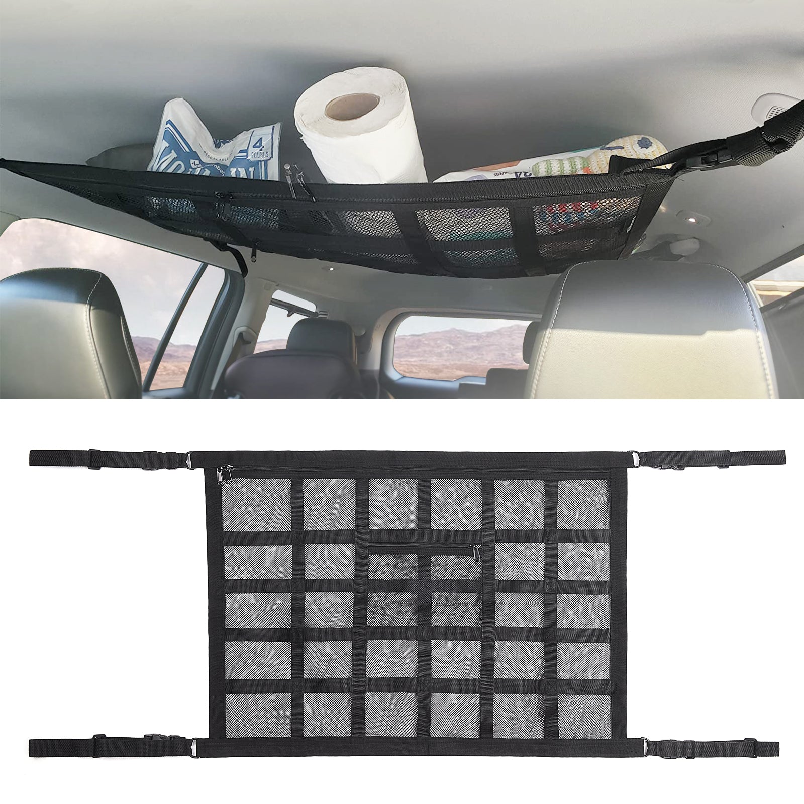 Car Ceiling Cargo Net, 31.5"x21.6" Strong Bearing Capacity Roof Cargo Net, Droopless Double-Layer Mesh Car Roof Storage Organizer