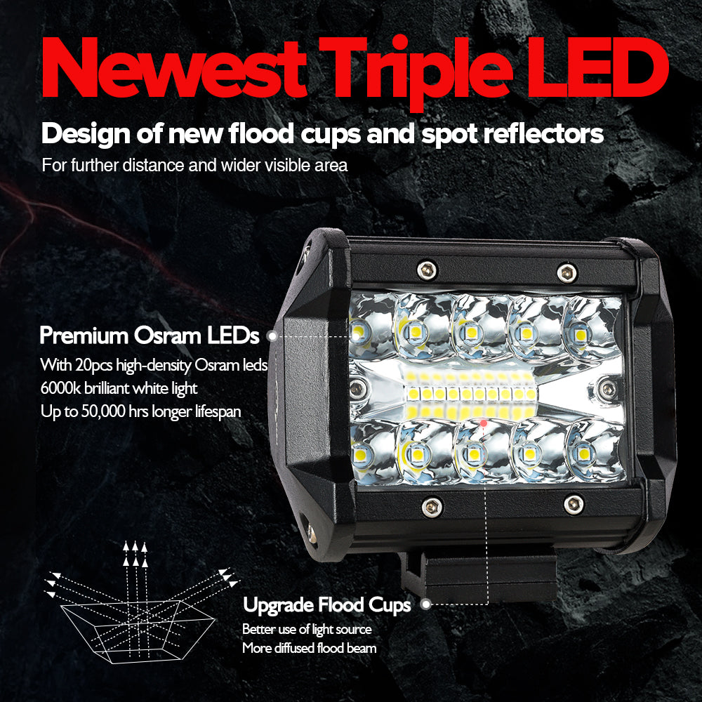 4" Triple Row LED Pods 3,000 Lumens Spot Flood Work Light Bar for Off Road Driving Light Fog Tail Lamp - 2 Pack